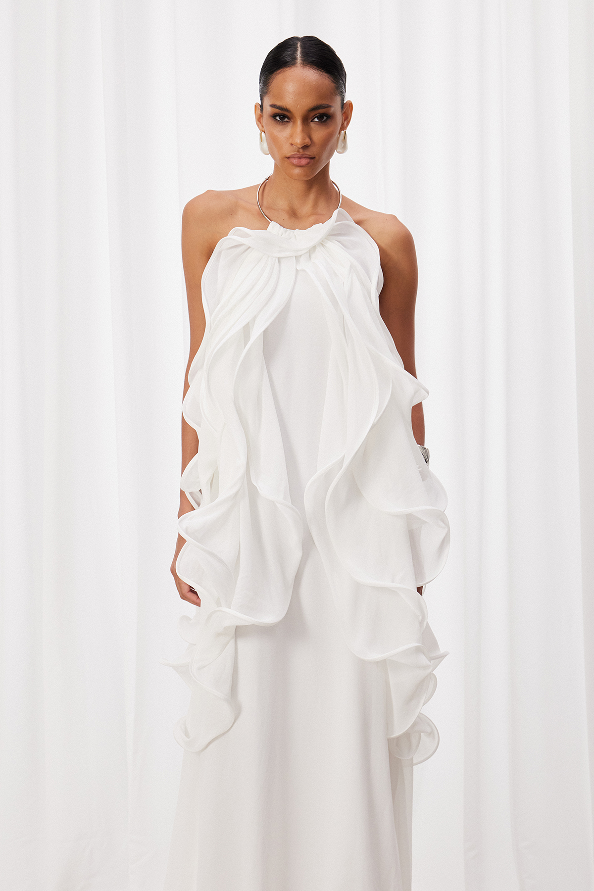 Iyla Halter Neck Ruffle Maxi Dress In White
