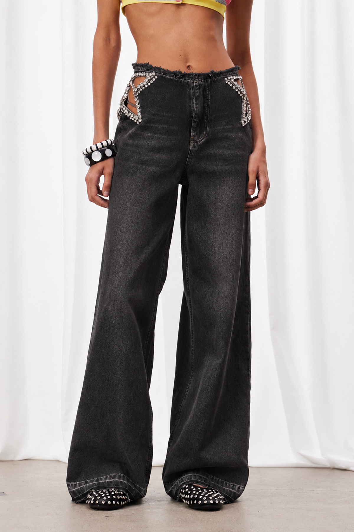 Izdihar Crystal Butterfly Cutout Jeans In Black