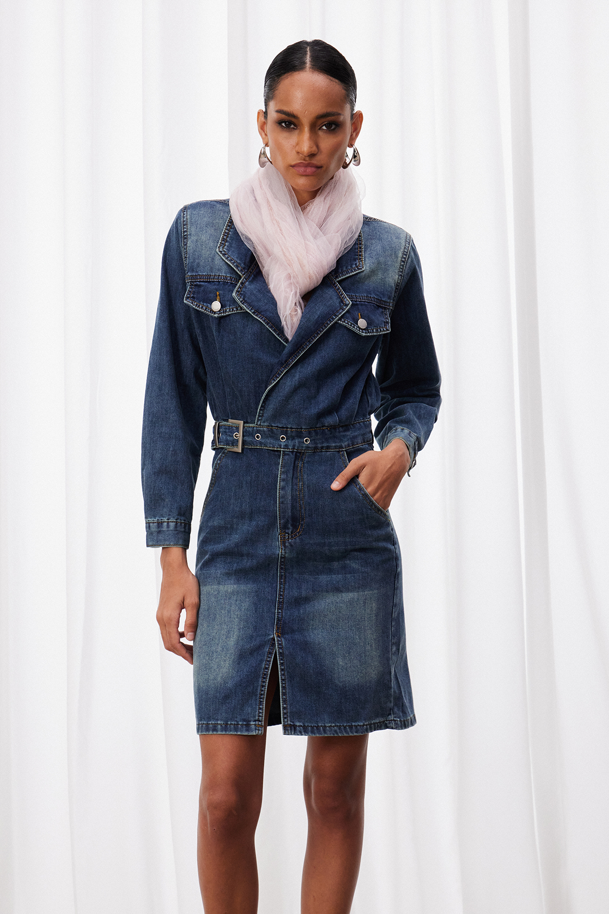Izidora Belt Denim Midi Dress