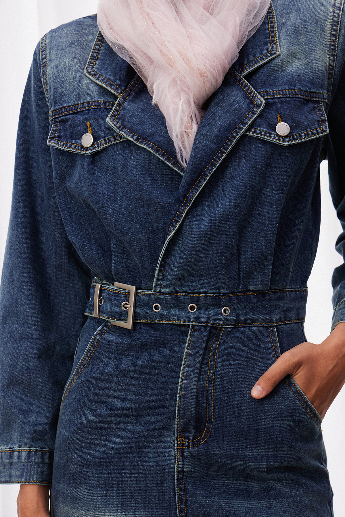 Izidora Belt Denim Midi Dress