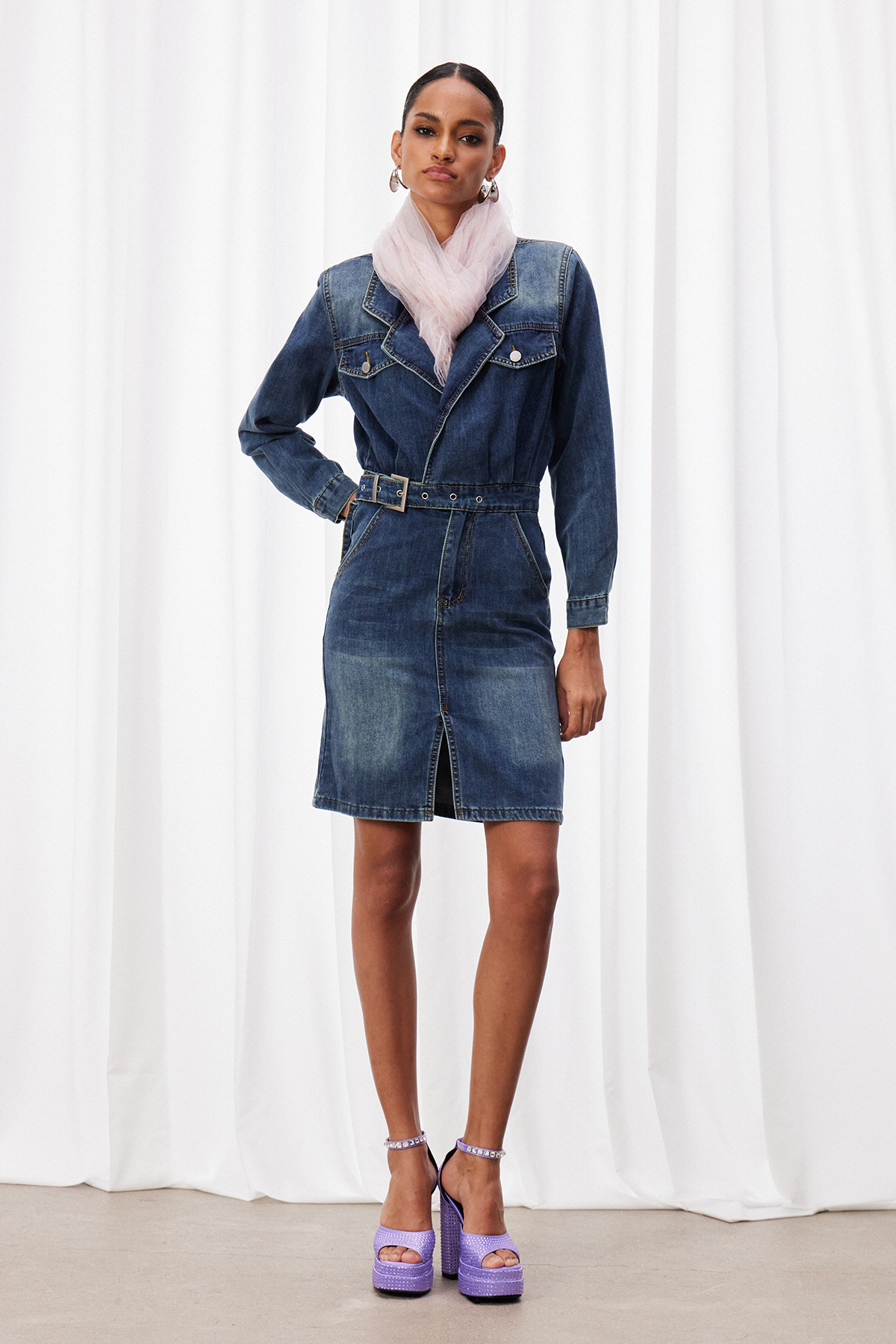 Izidora Belt Denim Midi Dress