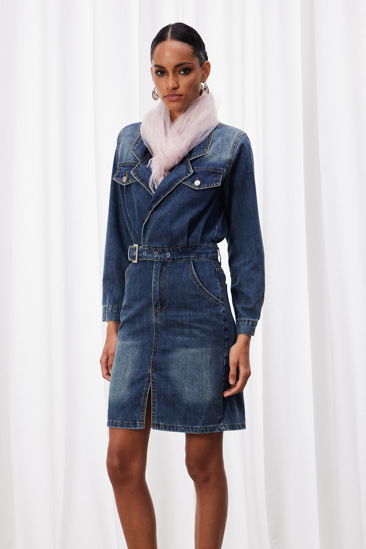 Izidora Belt Denim Midi Dress