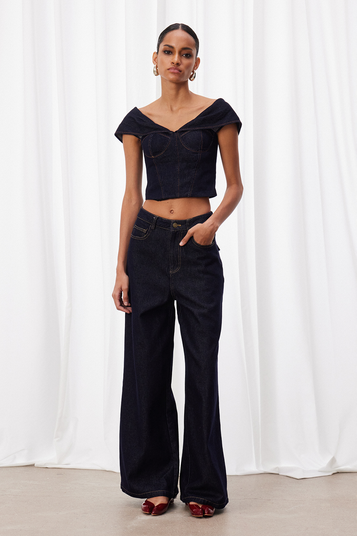 Izsak Off Shoulder Denim Pants Set