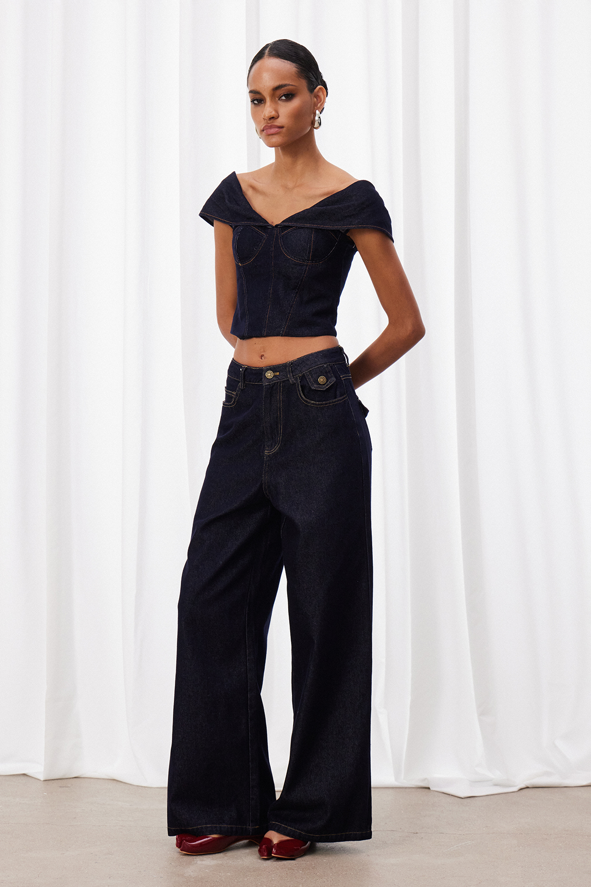 Izsak Off Shoulder Denim Pants Set