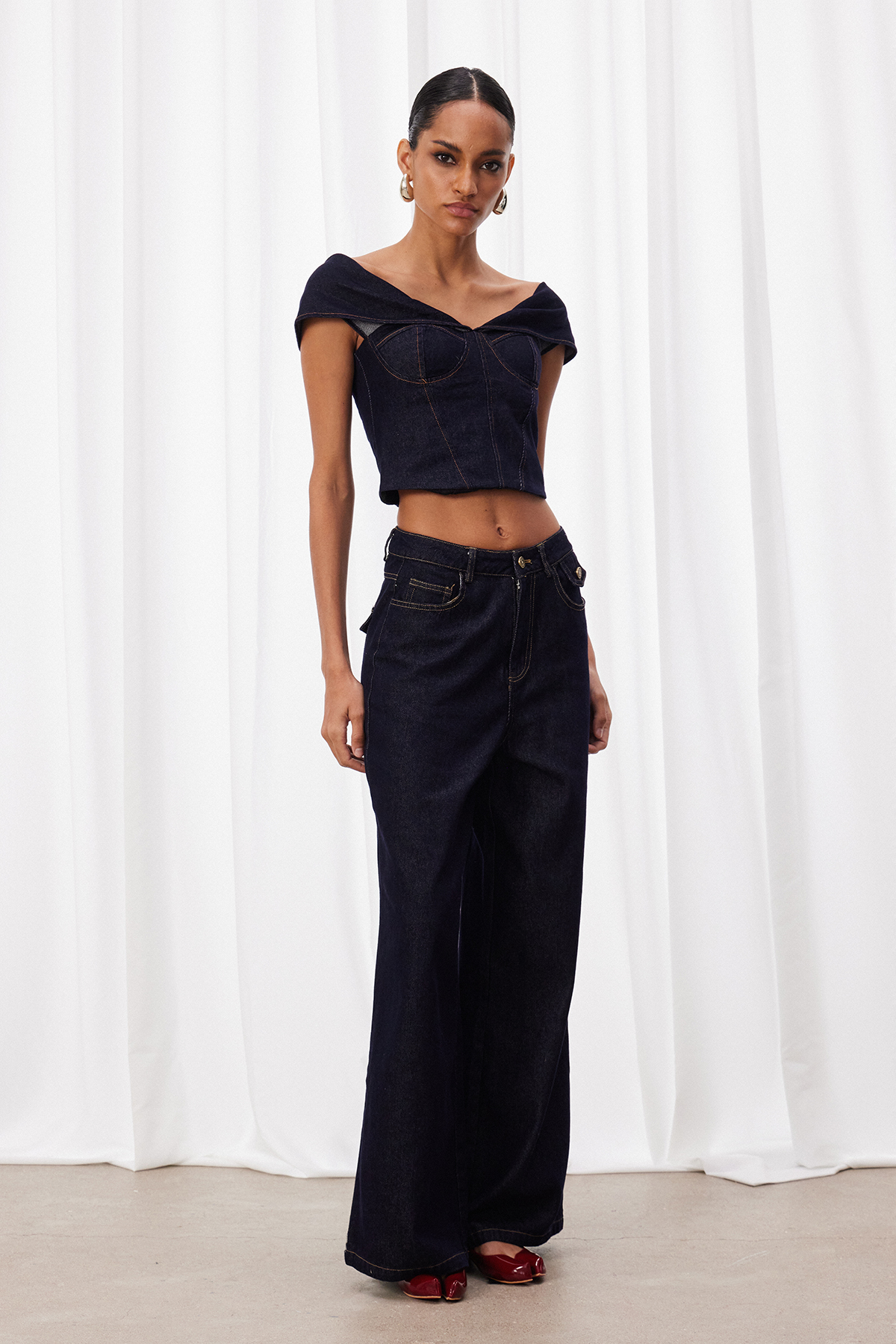 Izsak Off Shoulder Denim Pants Set