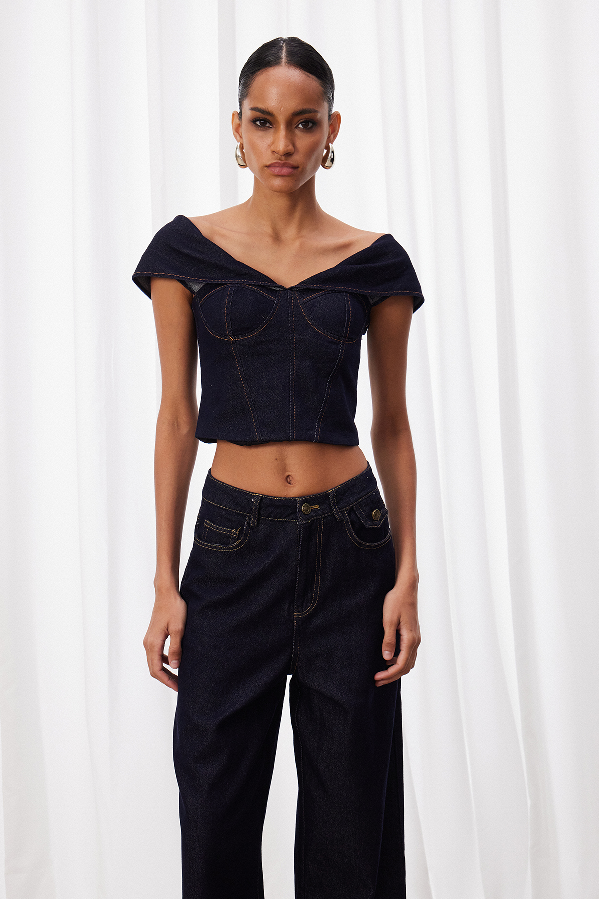Izsak Off Shoulder Denim Pants Set