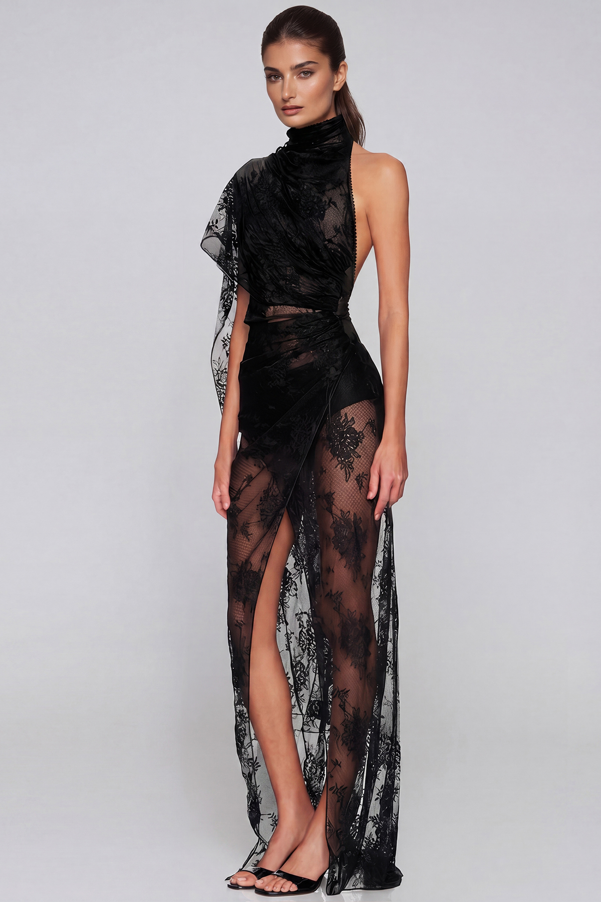 Jaanai Asymmetrical Mesh Lace Maxi Dress In Black