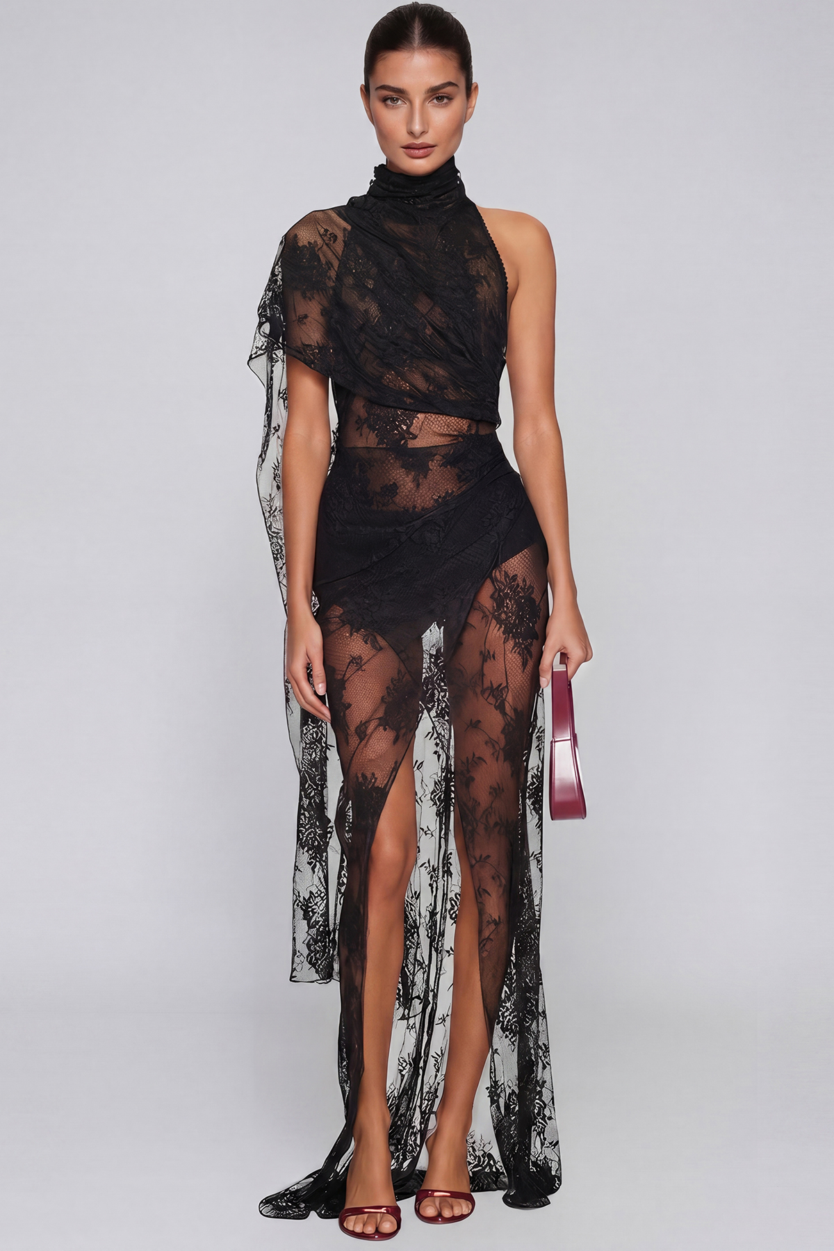 Jaanai Asymmetrical Mesh Lace Maxi Dress In Black