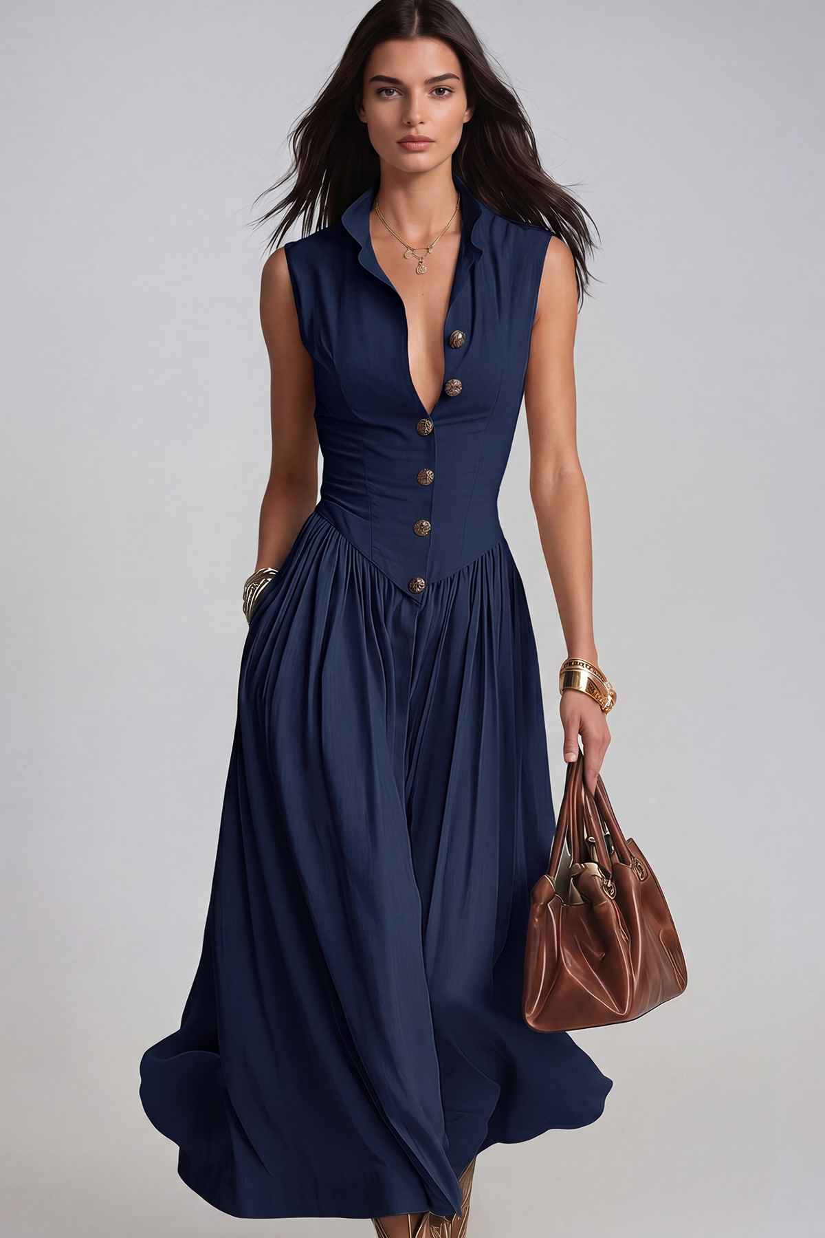 Jaanus Sleeveless Ruch Midi Dress In Dark Blue