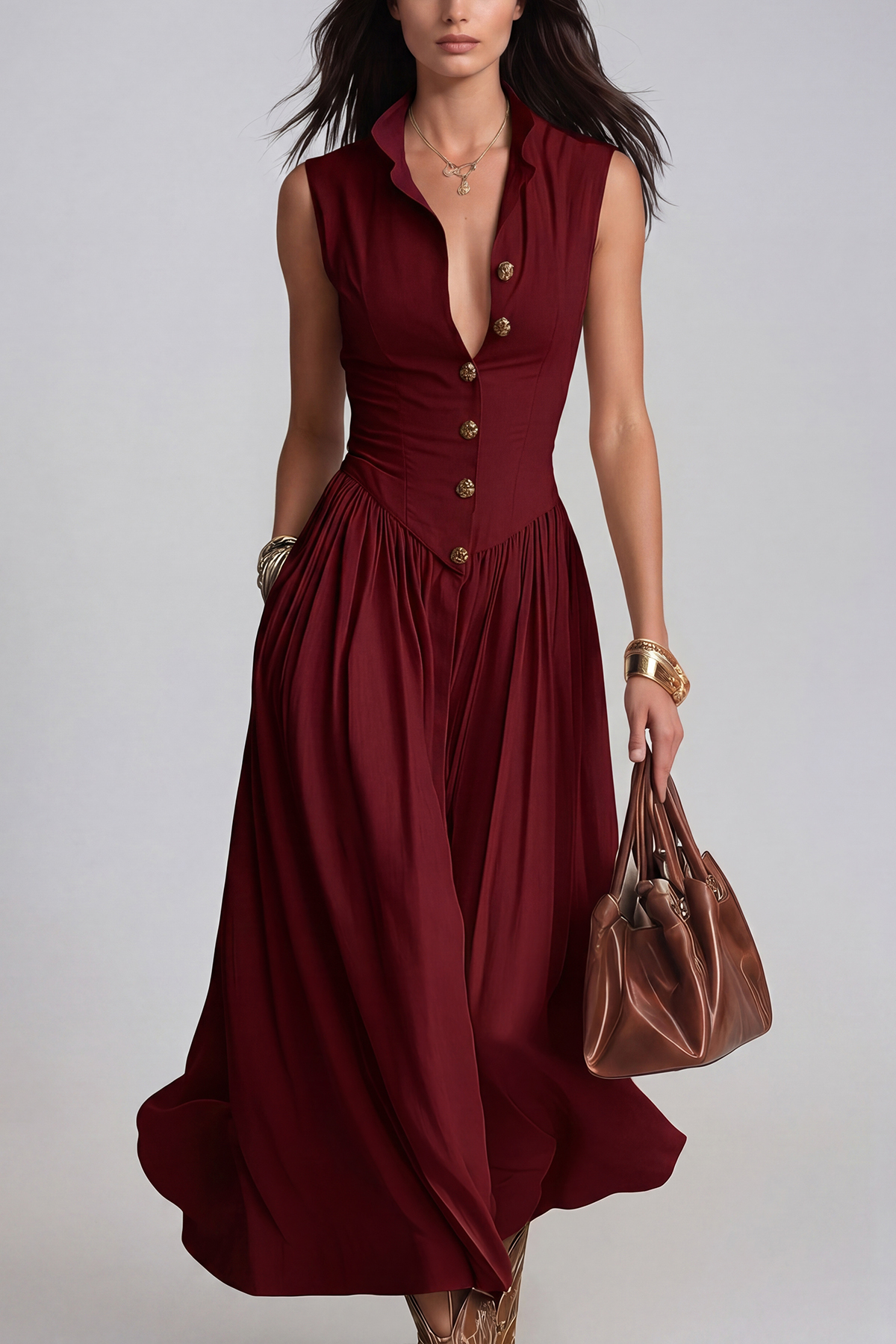 Jaanus Sleeveless Ruch Midi Dress In Red
