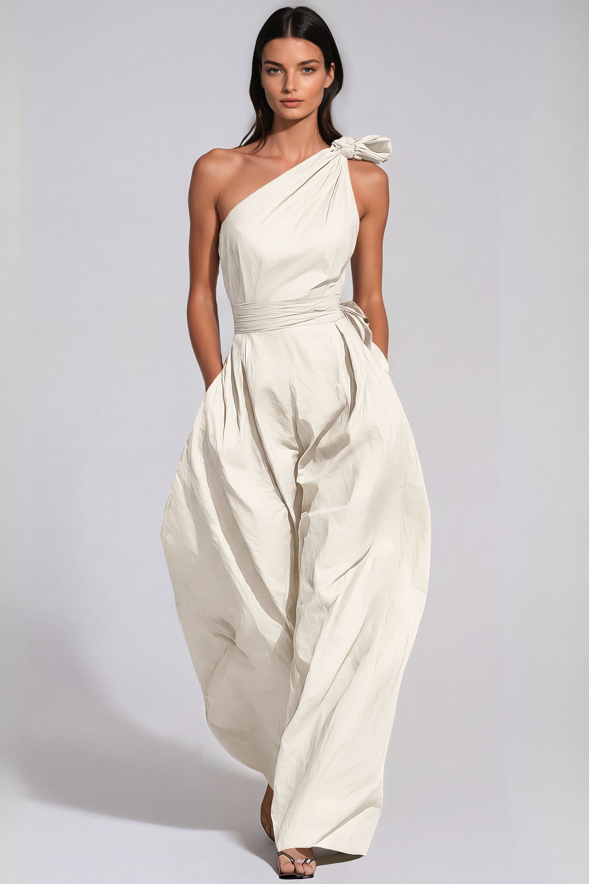 Jabez One Shoulder Twist Baggy Jumpsuit In White