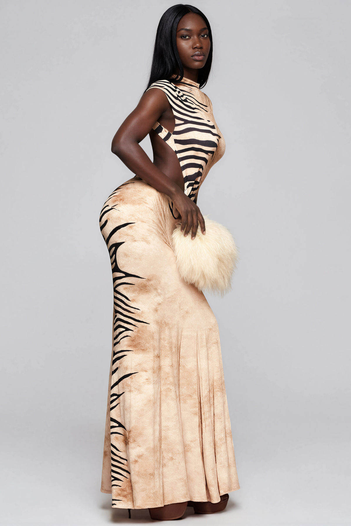 Jacalyn Backless Tiger Print Maxi Dress