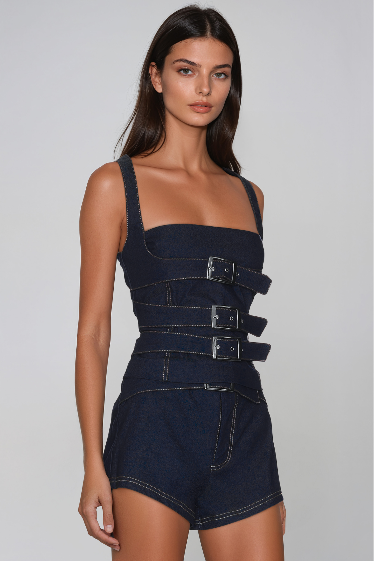 Janey Spaghetti Buckle Denim Shorts Set