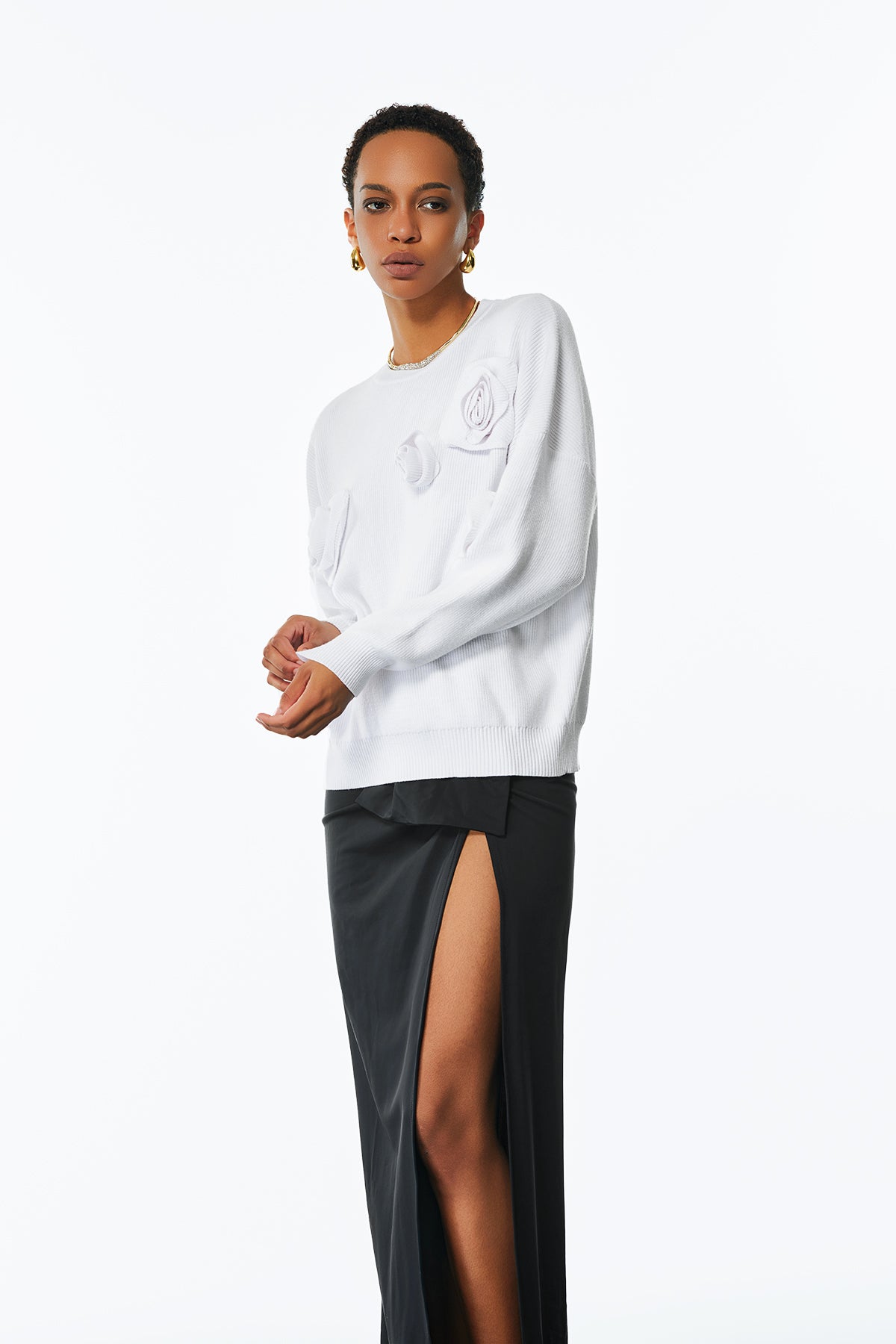 Jasmin Flower Long Sleeve Knit Top In White