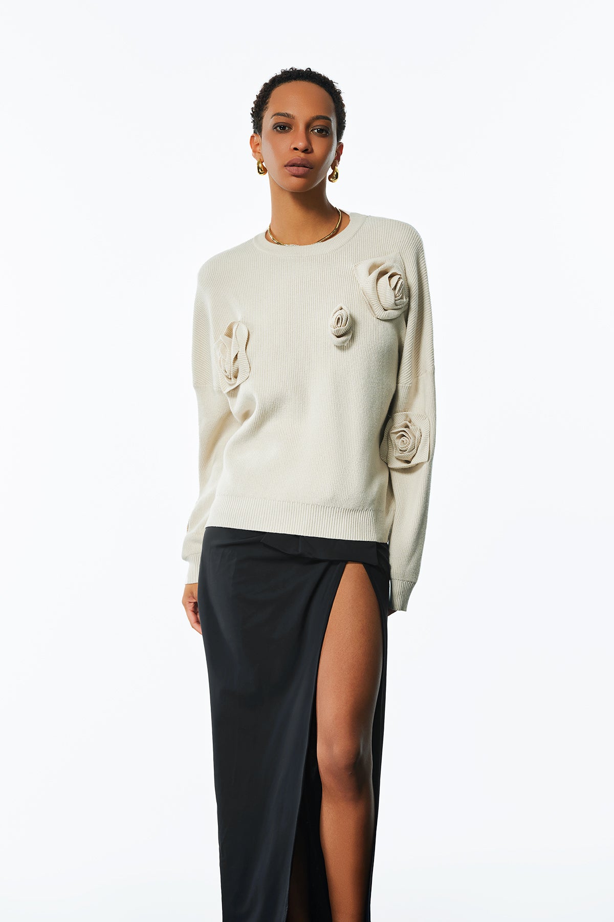 Jasmin Flower Long Sleeve Knit Top In Apricot