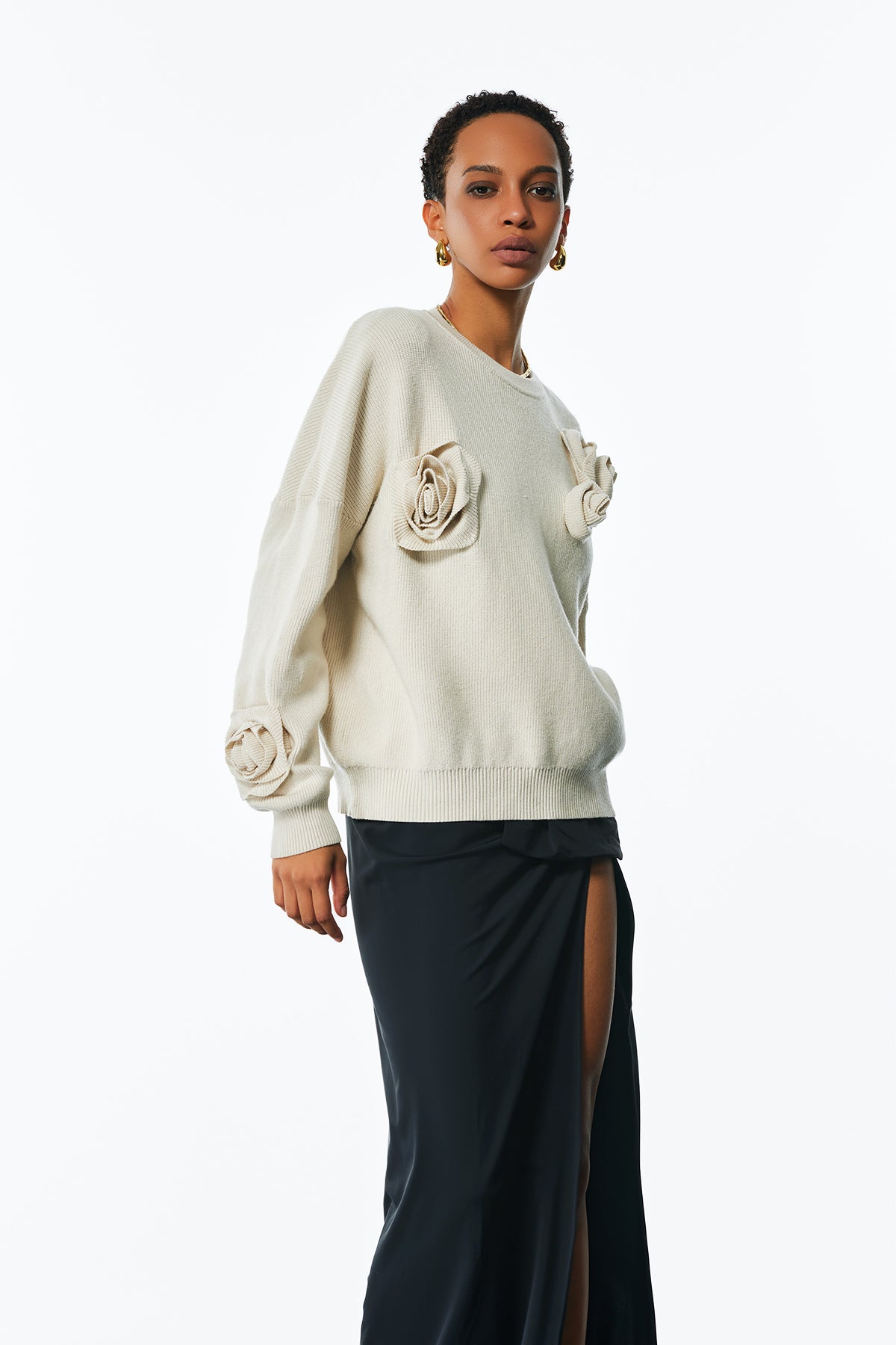 Jasmin Flower Long Sleeve Knit Top In Apricot