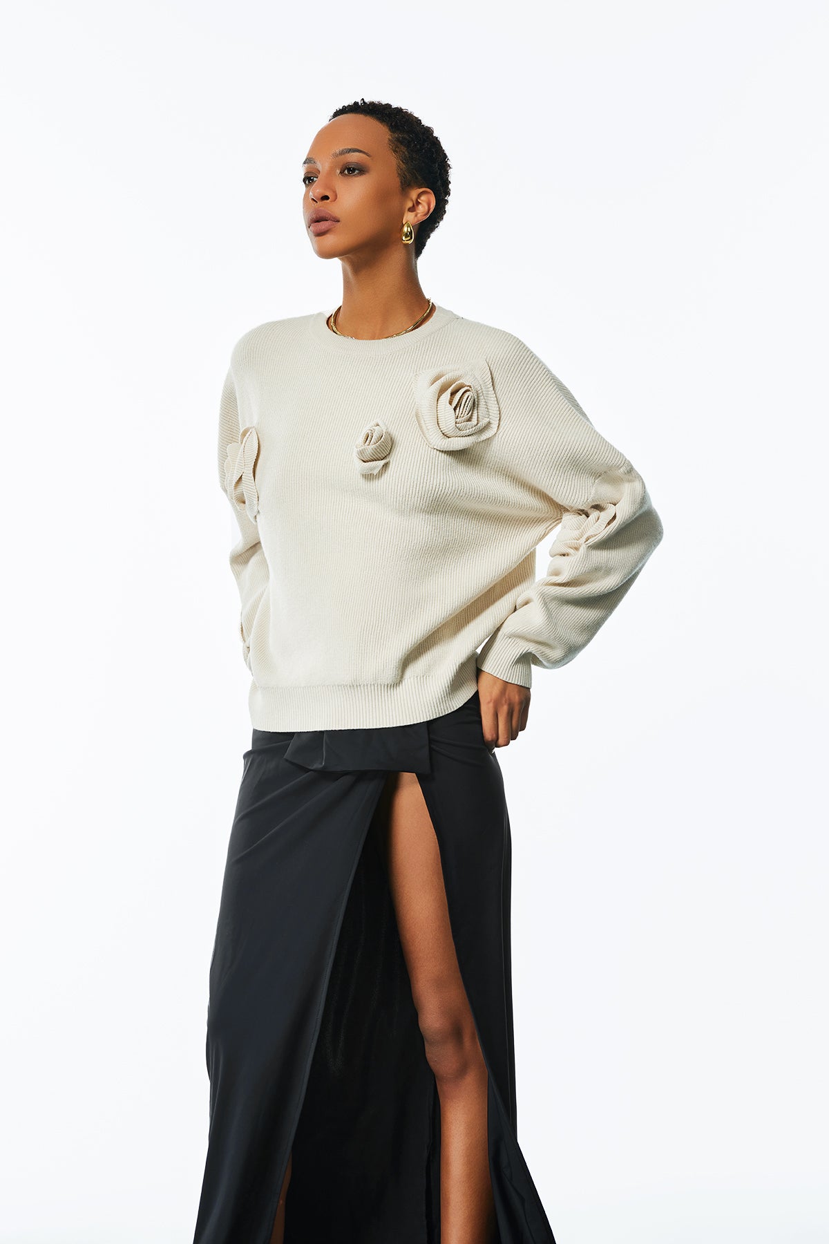 Jasmin Flower Long Sleeve Knit Top In Apricot