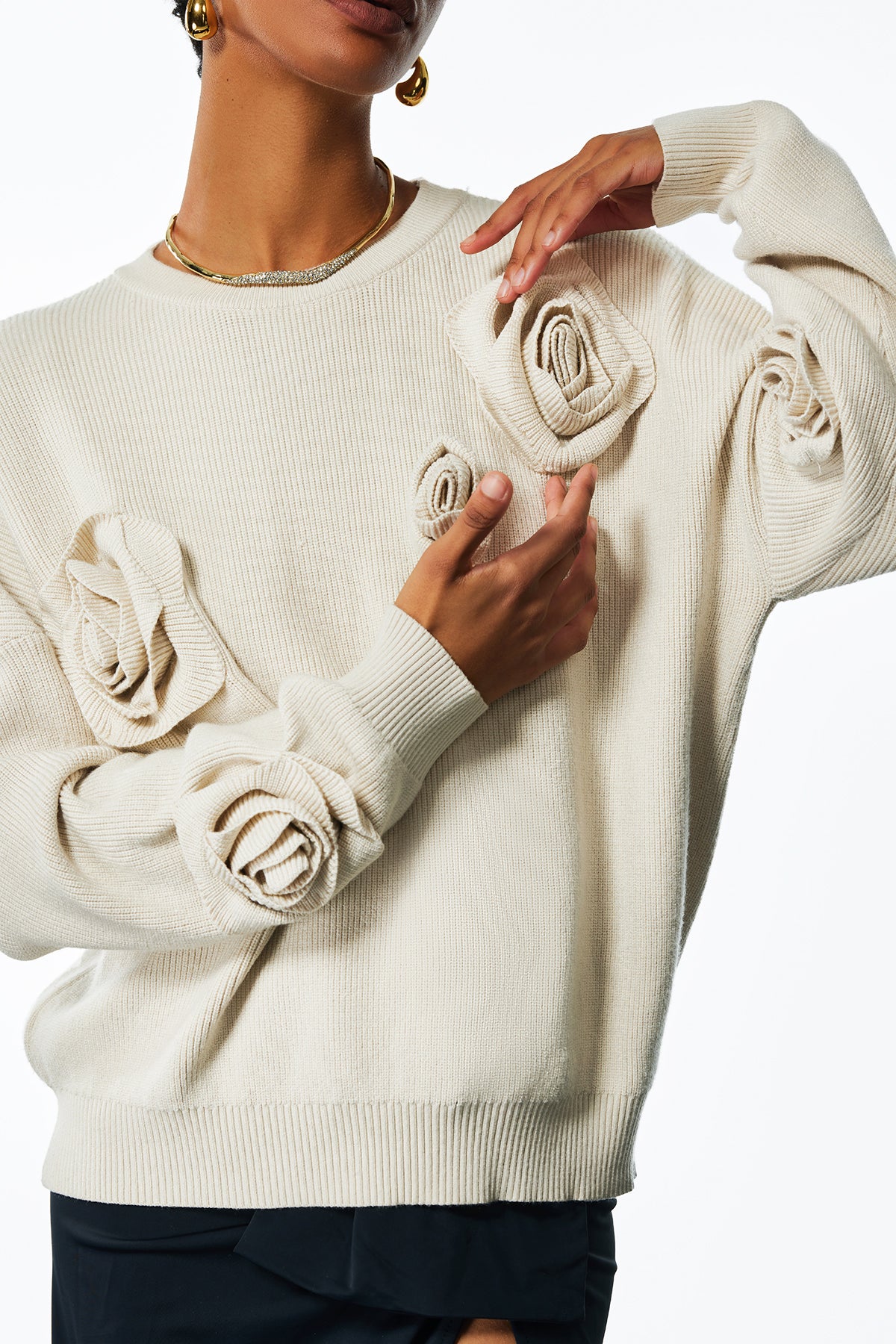 Jasmin Flower Long Sleeve Knit Top In Apricot