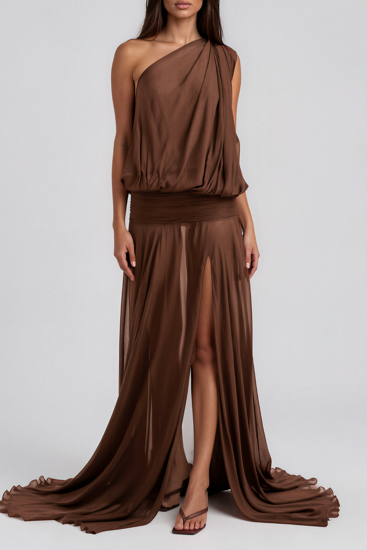 Javaid One Shoulder Mesh Draped Maxi Dress In Brown