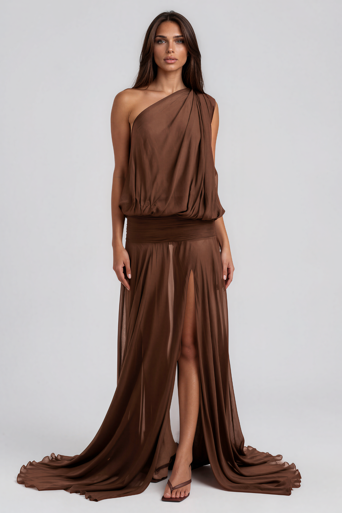 Javaid One Shoulder Mesh Draped Maxi Dress In Brown