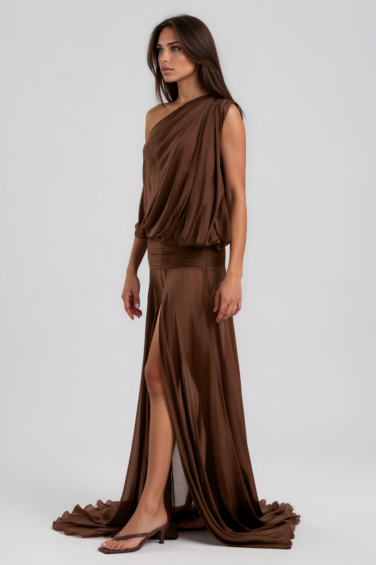 Javaid One Shoulder Mesh Draped Maxi Dress In Brown