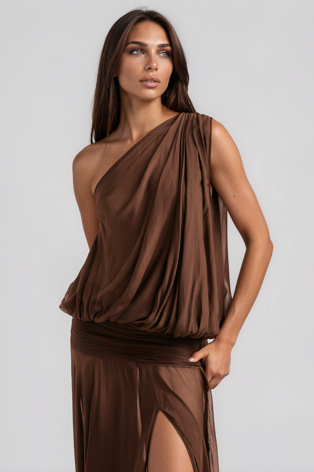Javaid One Shoulder Mesh Draped Maxi Dress In Brown