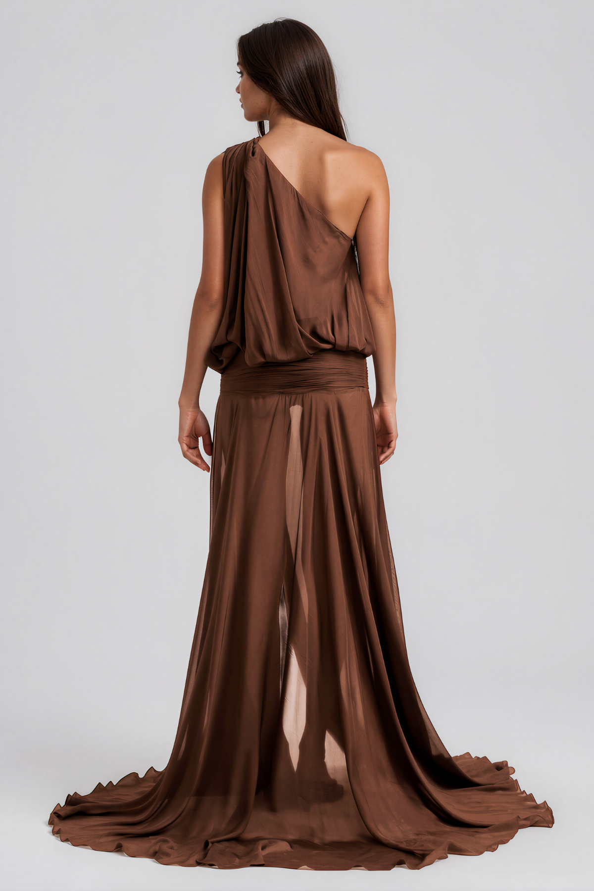 Javaid One Shoulder Mesh Draped Maxi Dress In Brown
