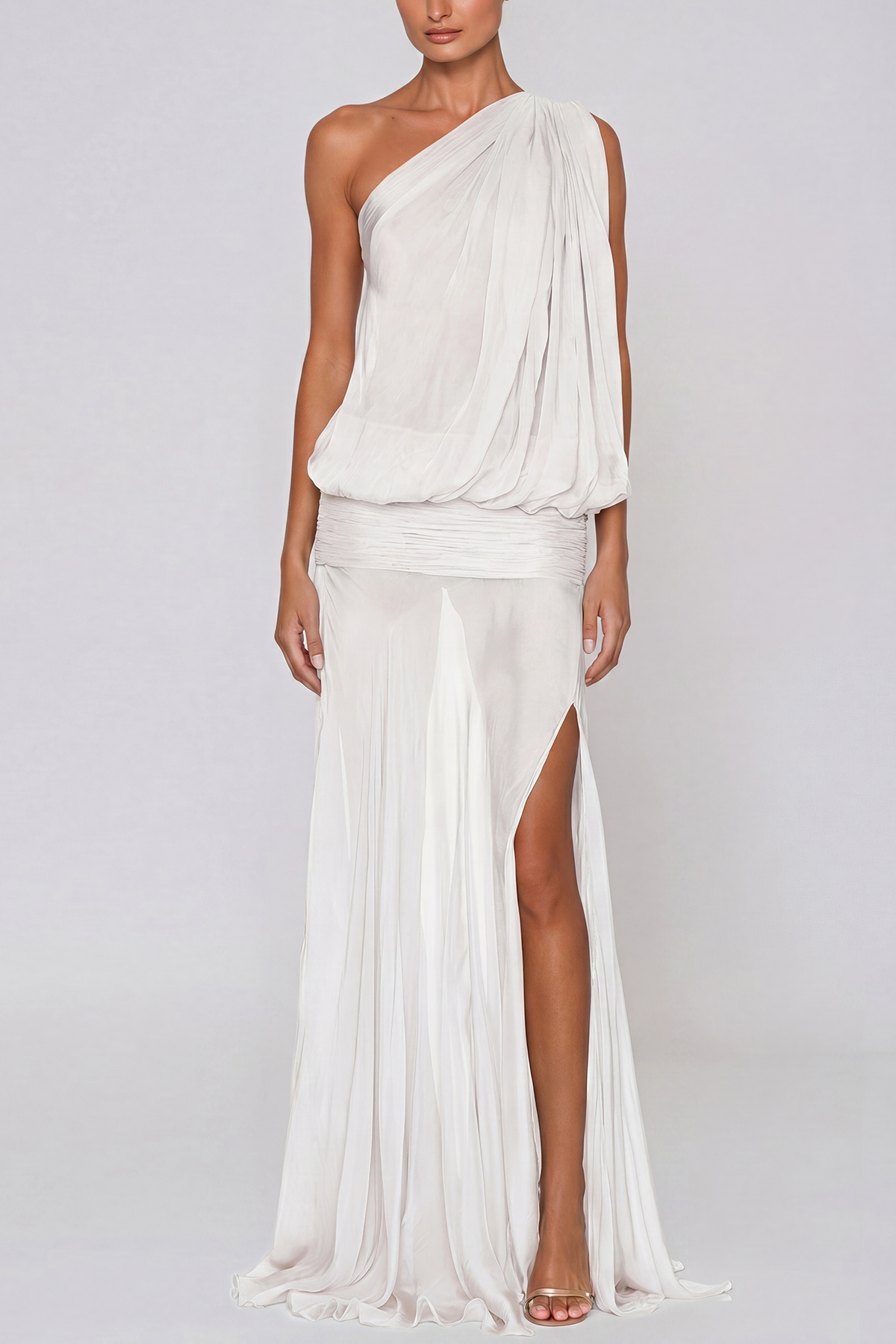 Javaid One Shoulder Mesh Draped Maxi Dress In White