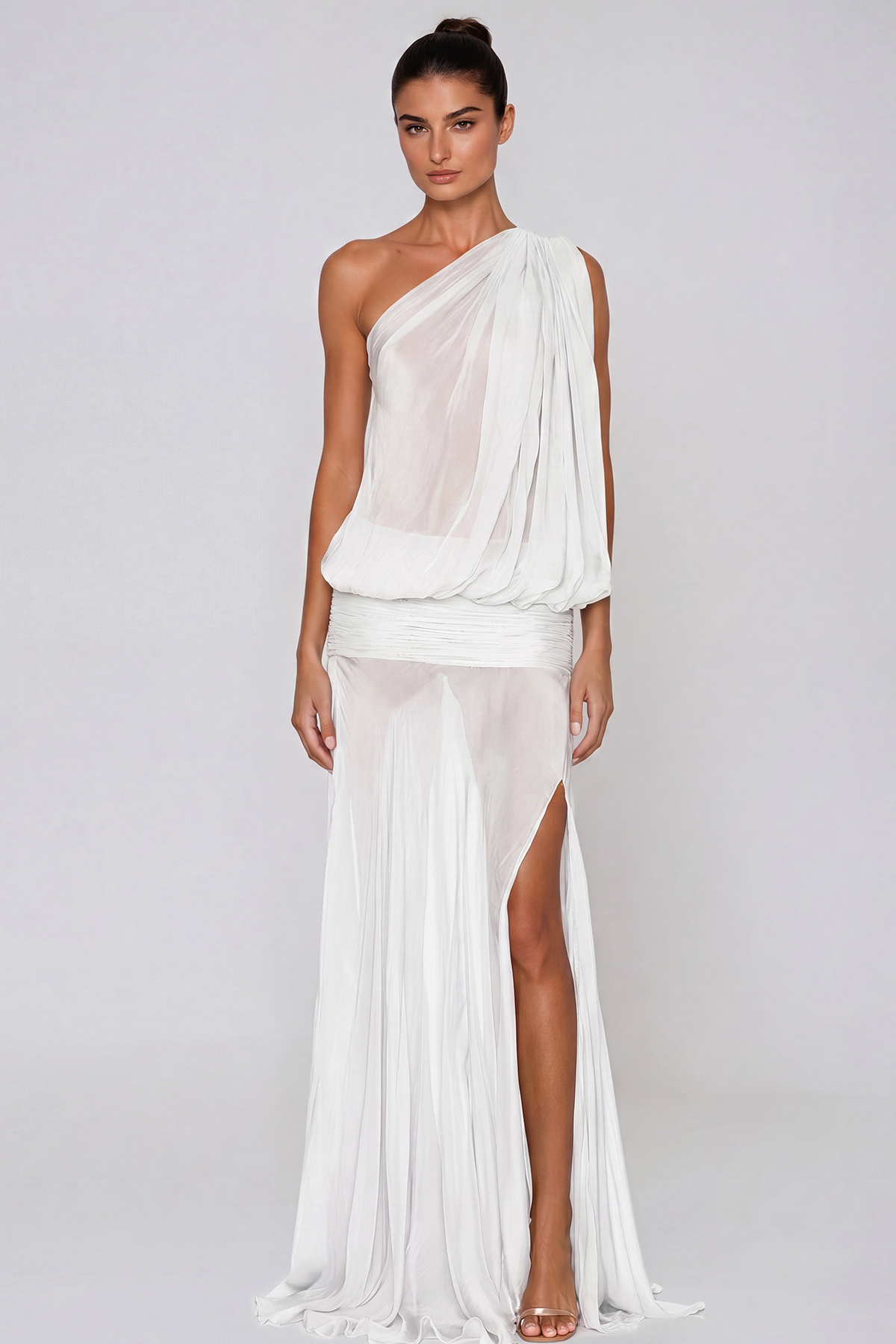 Javaid One Shoulder Mesh Draped Maxi Dress In White