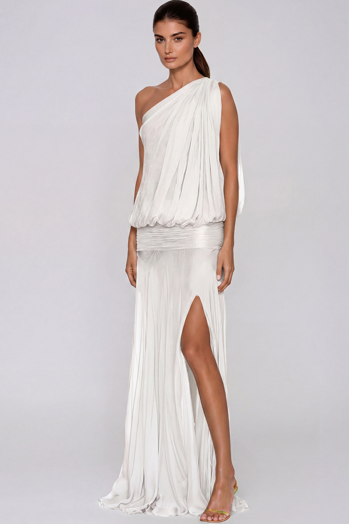 Javaid One Shoulder Mesh Draped Maxi Dress In White