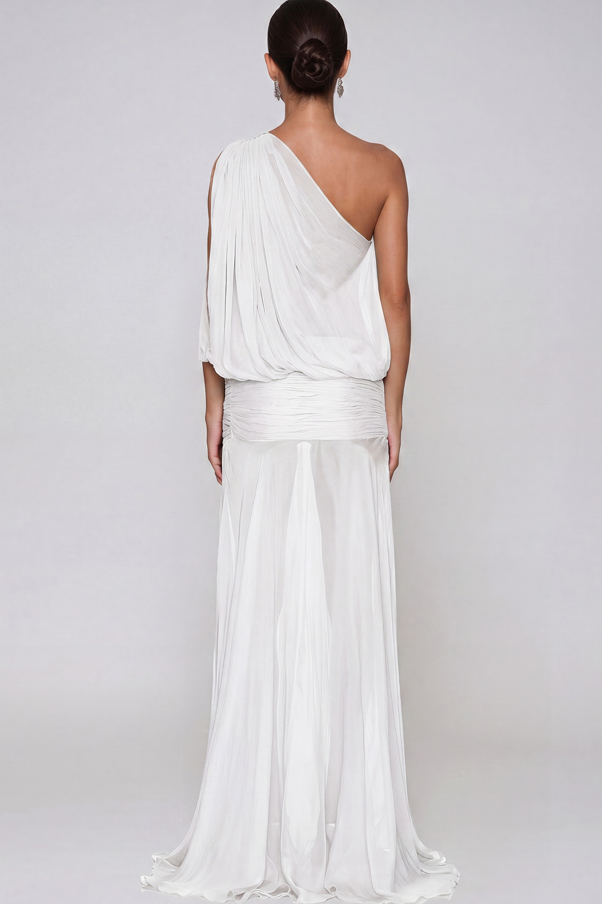Javaid One Shoulder Mesh Draped Maxi Dress In White