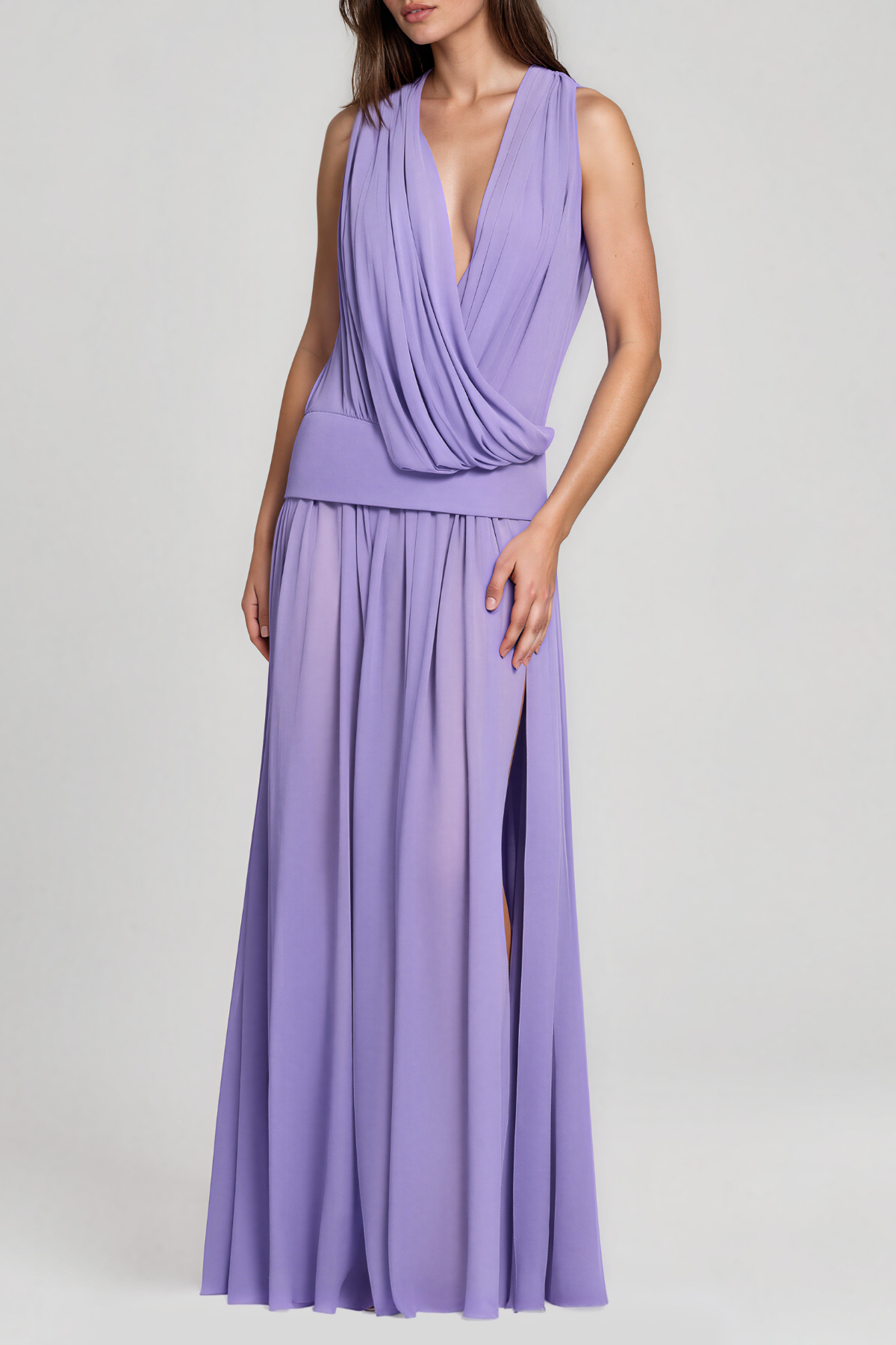 Javaid Plunge Mesh Split Maxi Dress