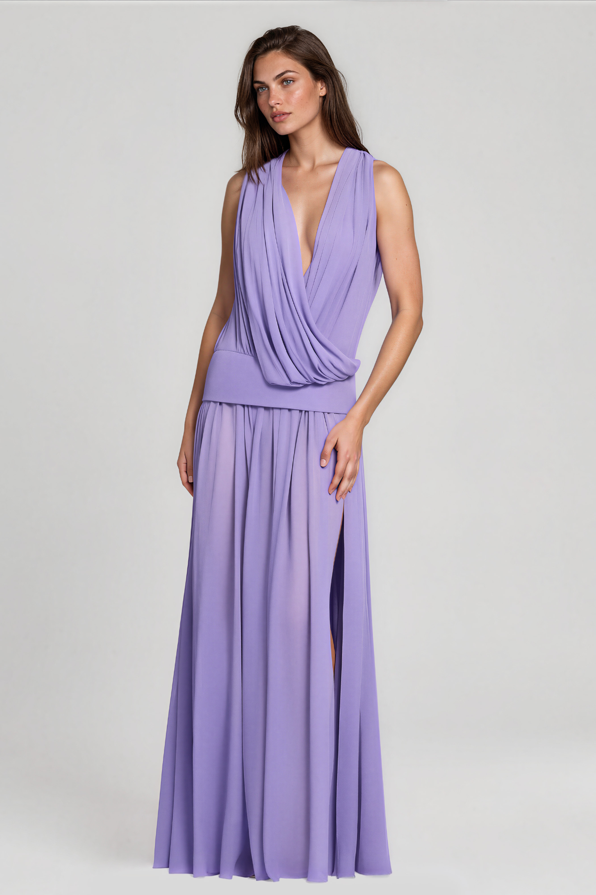 Javaid Plunge Mesh Split Maxi Dress