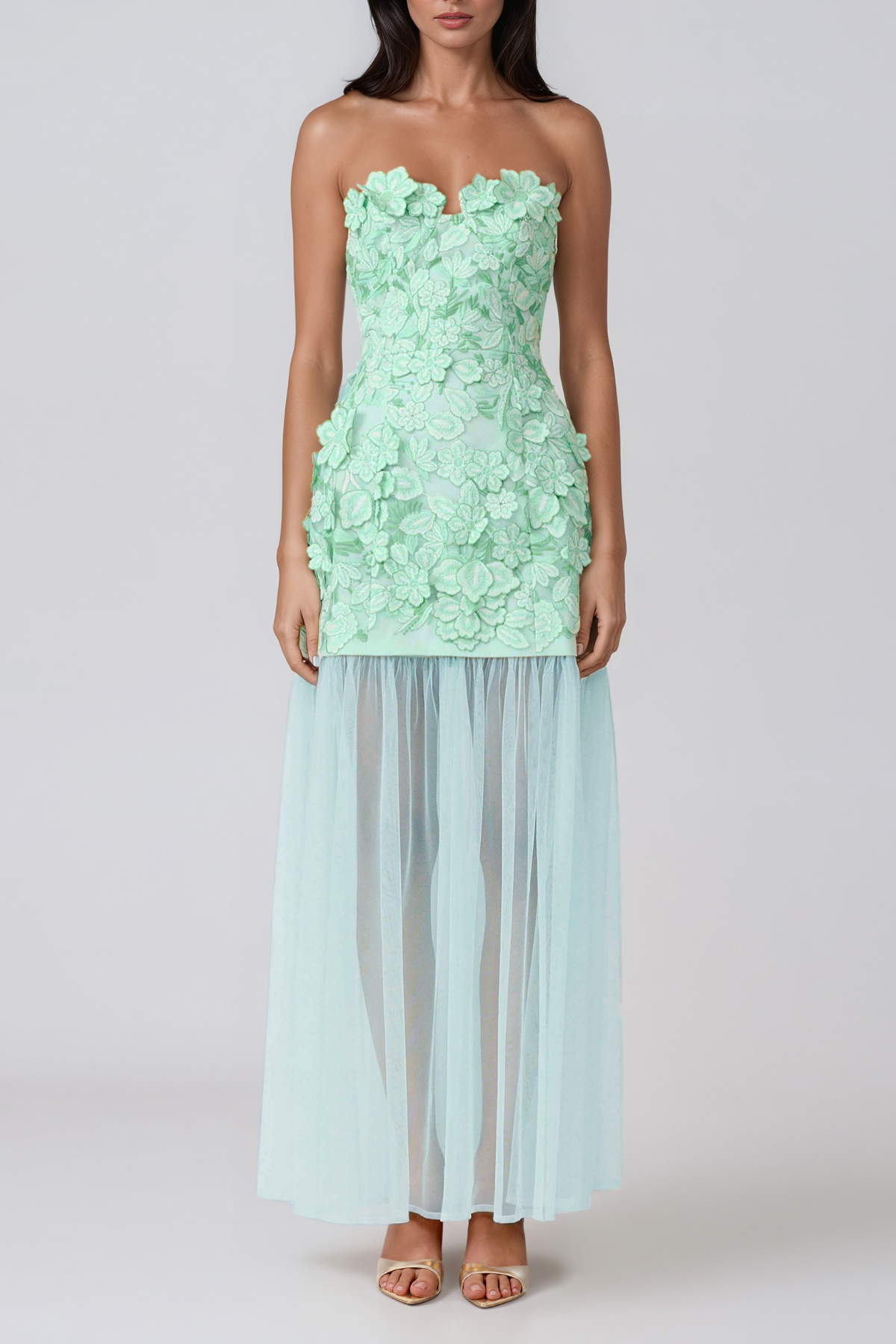 Jawaharlal Strapless Flower Mesh Maxi Dress