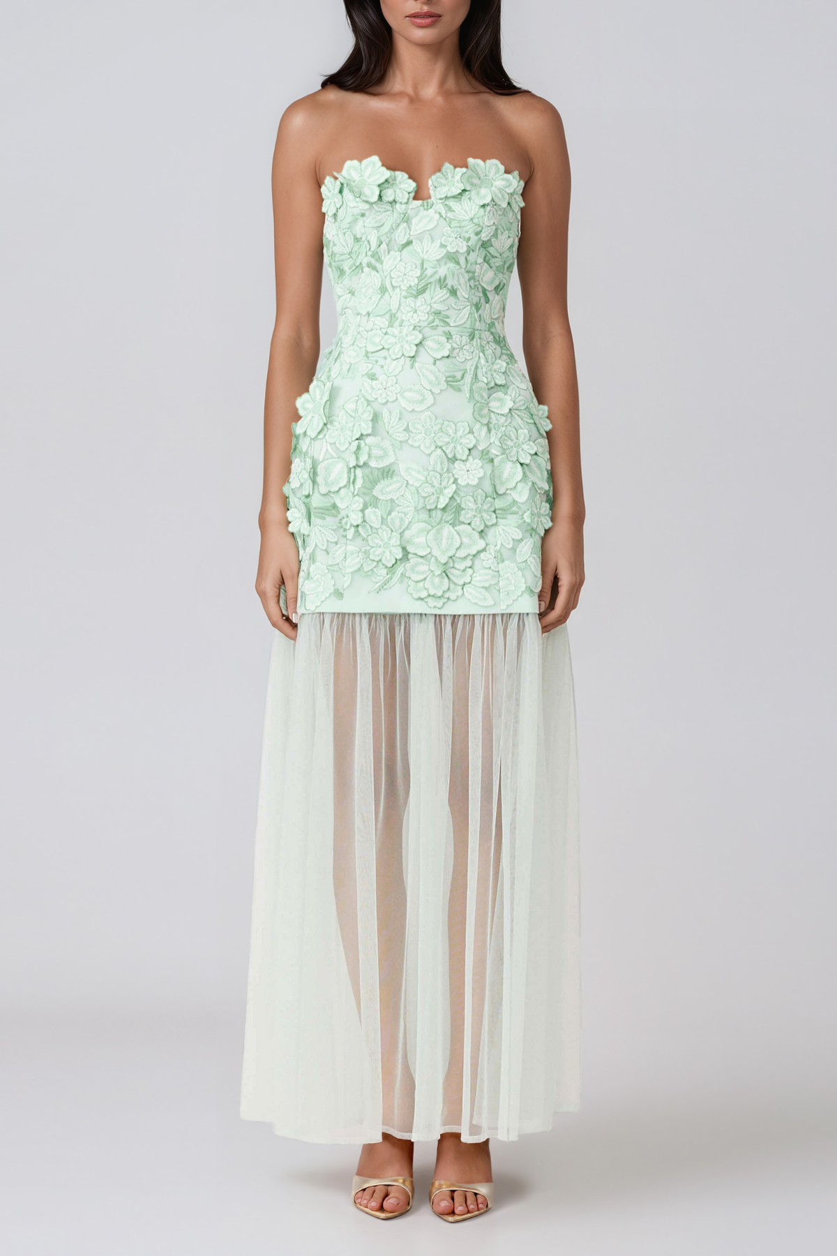 Jawaharlal Strapless Flower Mesh Maxi Dress