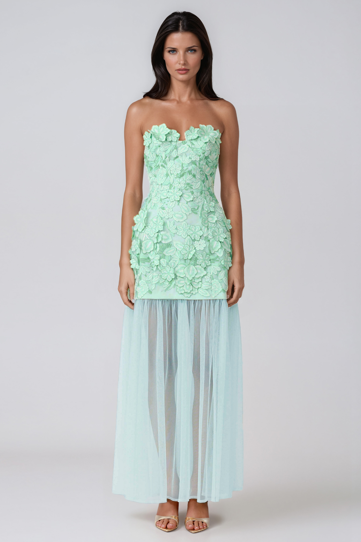 Jawaharlal Strapless Flower Mesh Maxi Dress