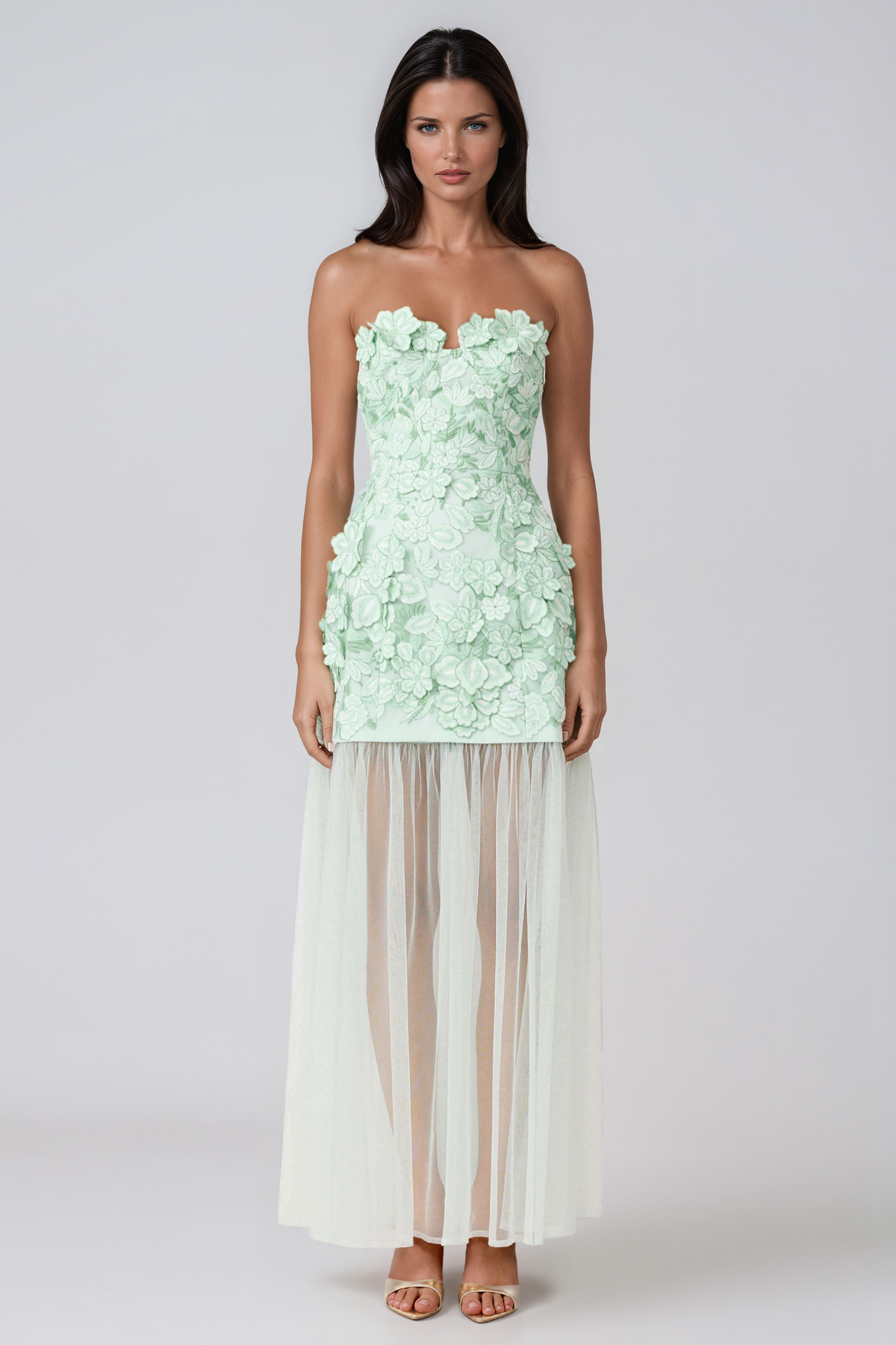 Jawaharlal Strapless Flower Mesh Maxi Dress