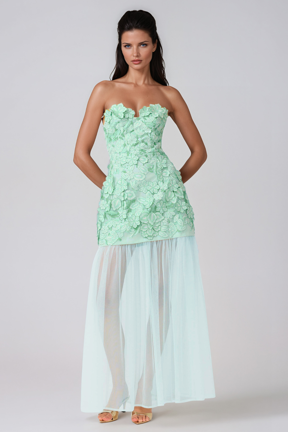 Jawaharlal Strapless Flower Mesh Maxi Dress