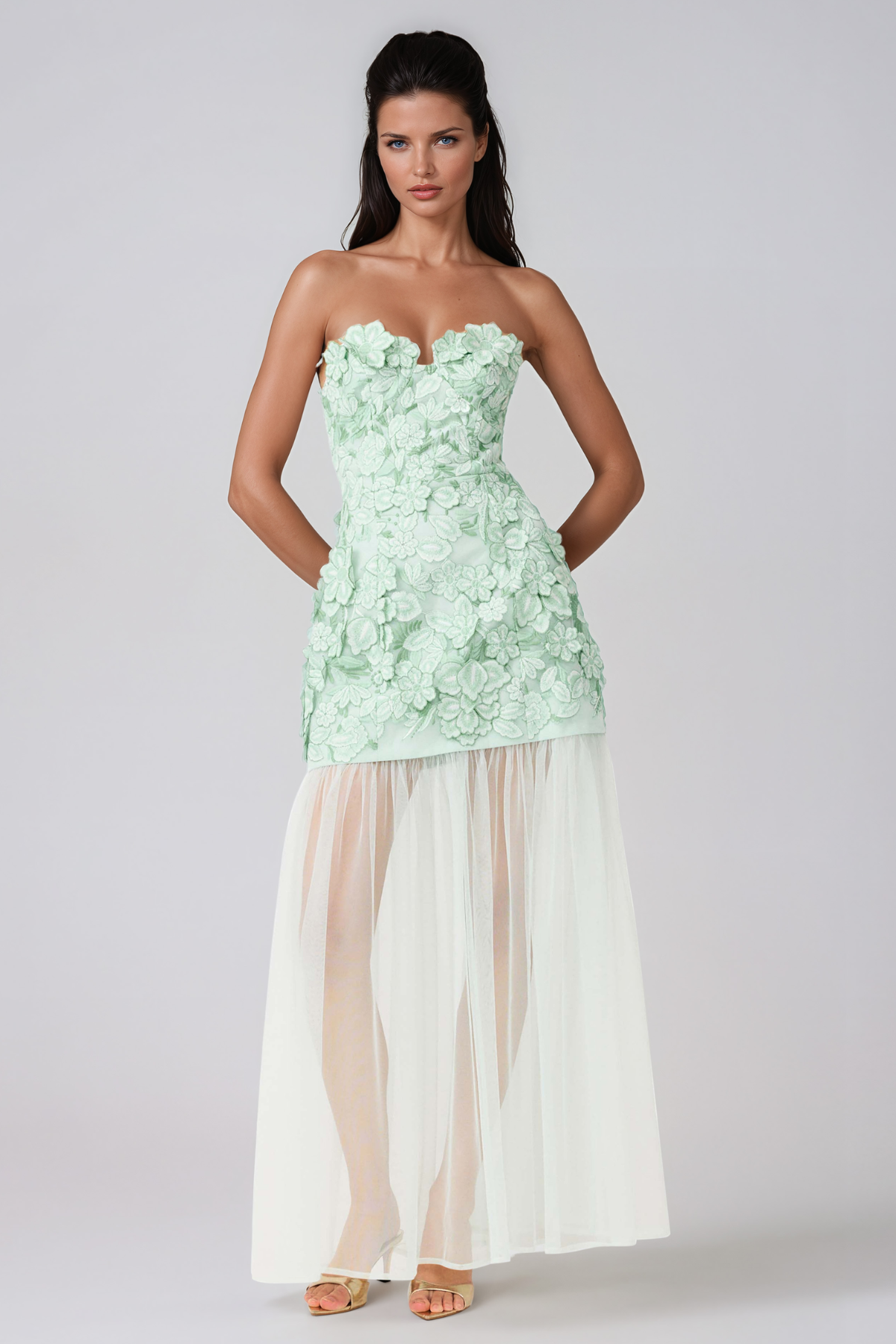 Jawaharlal Strapless Flower Mesh Maxi Dress