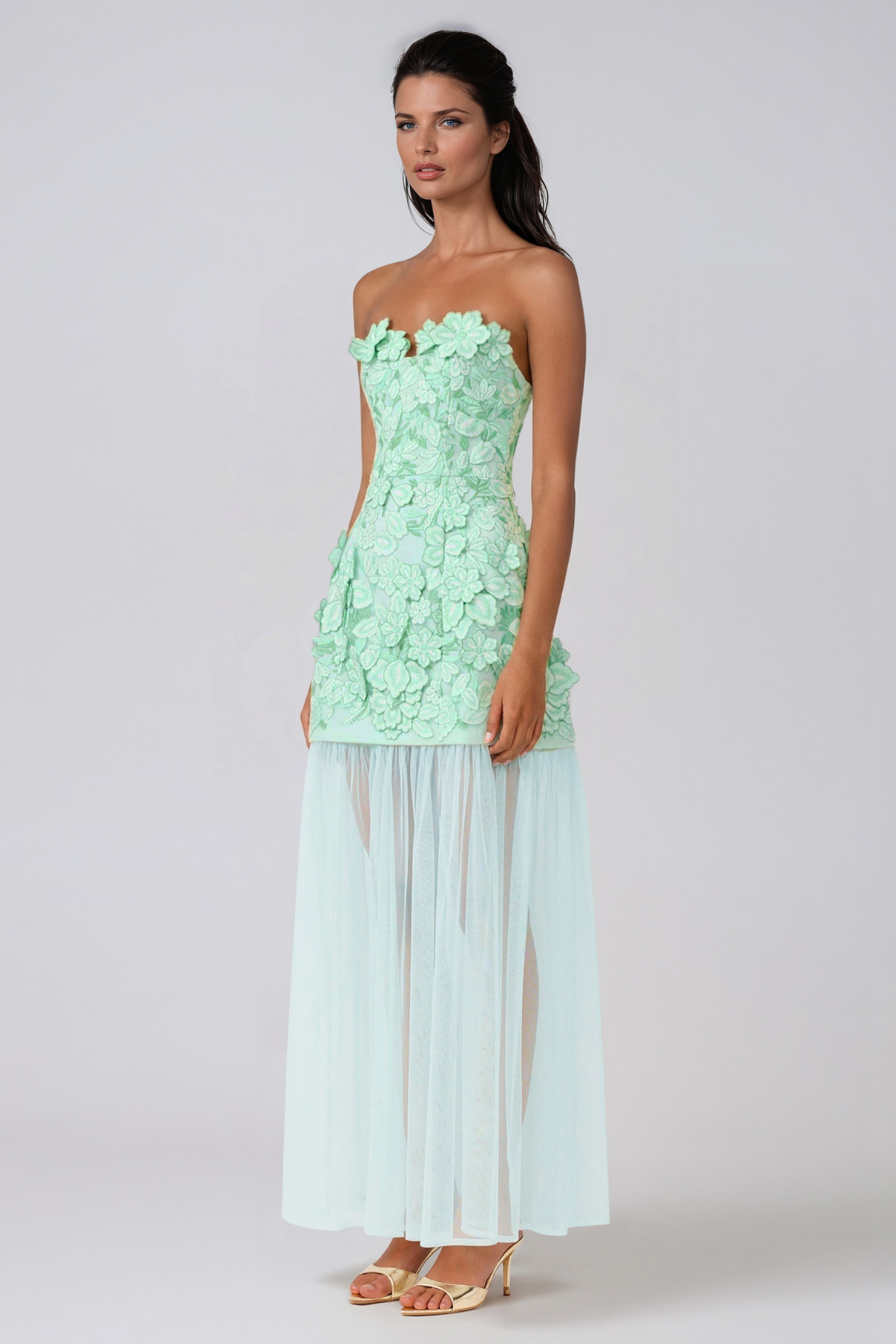 Jawaharlal Strapless Flower Mesh Maxi Dress