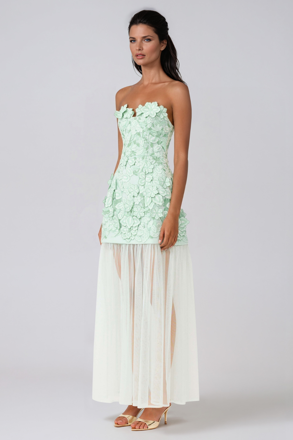 Jawaharlal Strapless Flower Mesh Maxi Dress