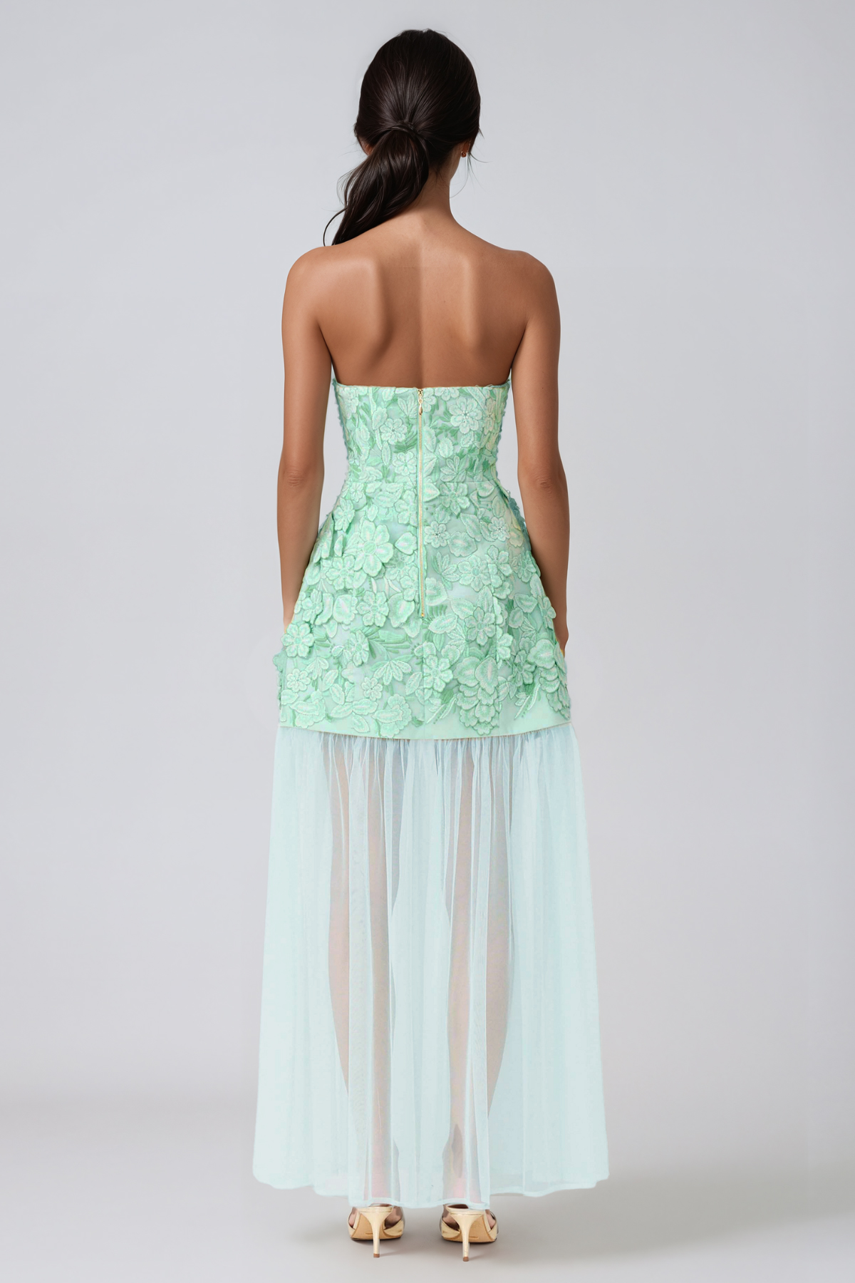 Jawaharlal Strapless Flower Mesh Maxi Dress