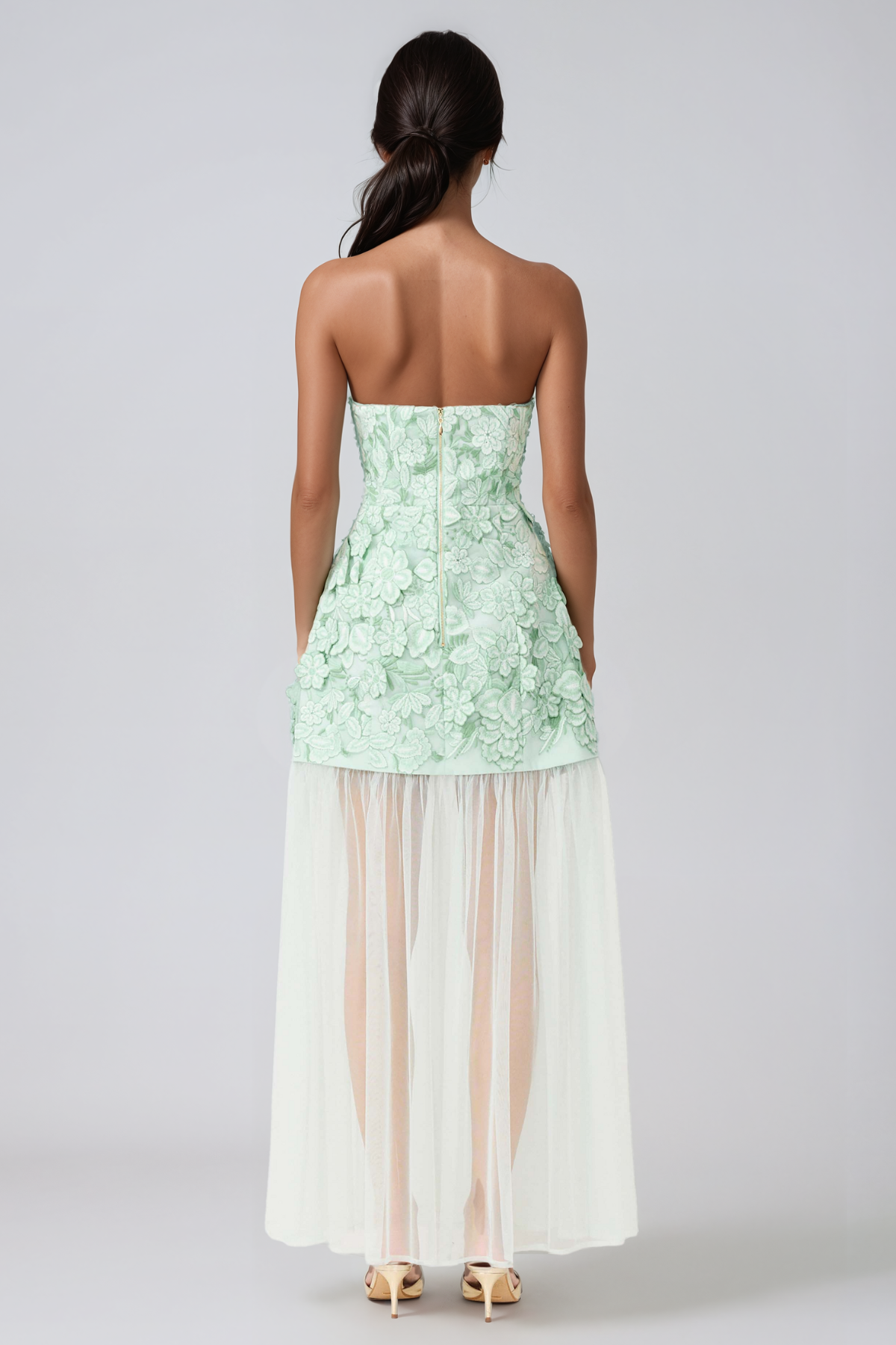 Jawaharlal Strapless Flower Mesh Maxi Dress