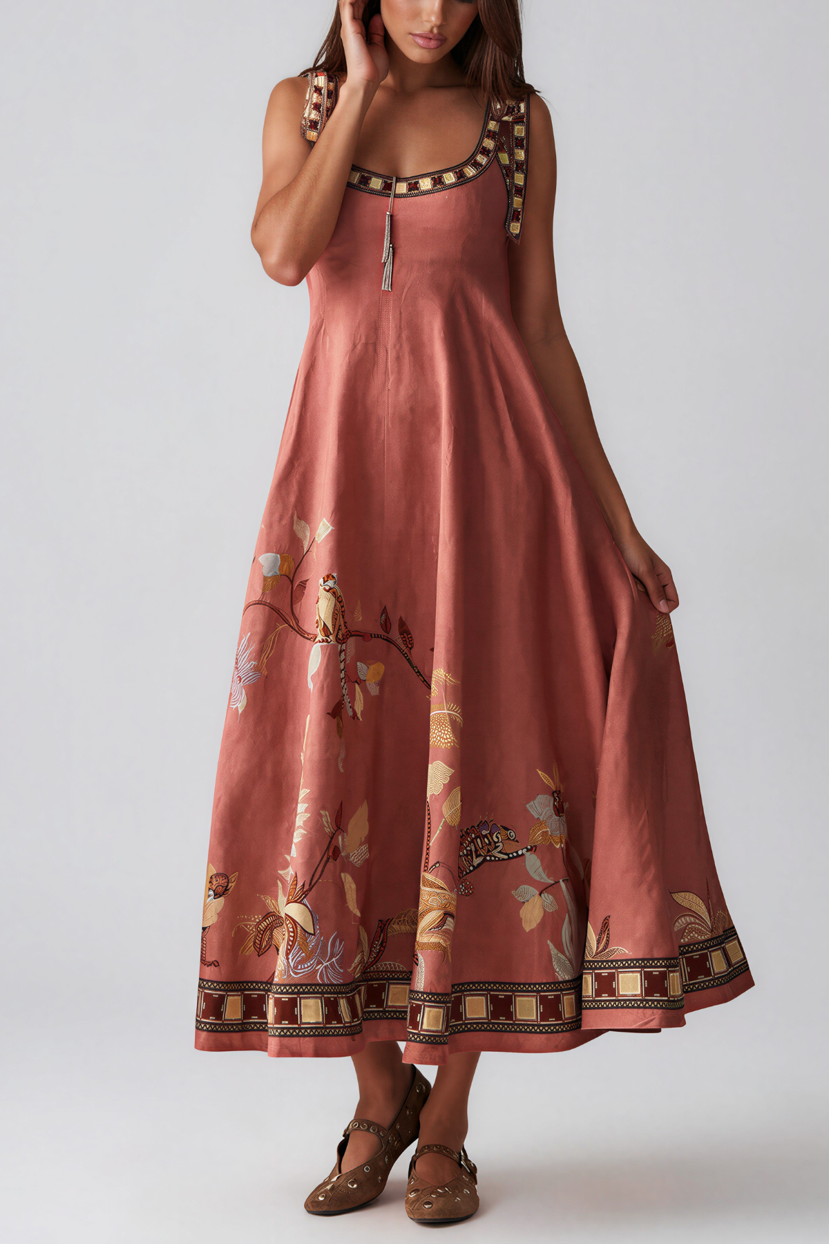 Jaya Tie Up Print Midi Dress In Rust