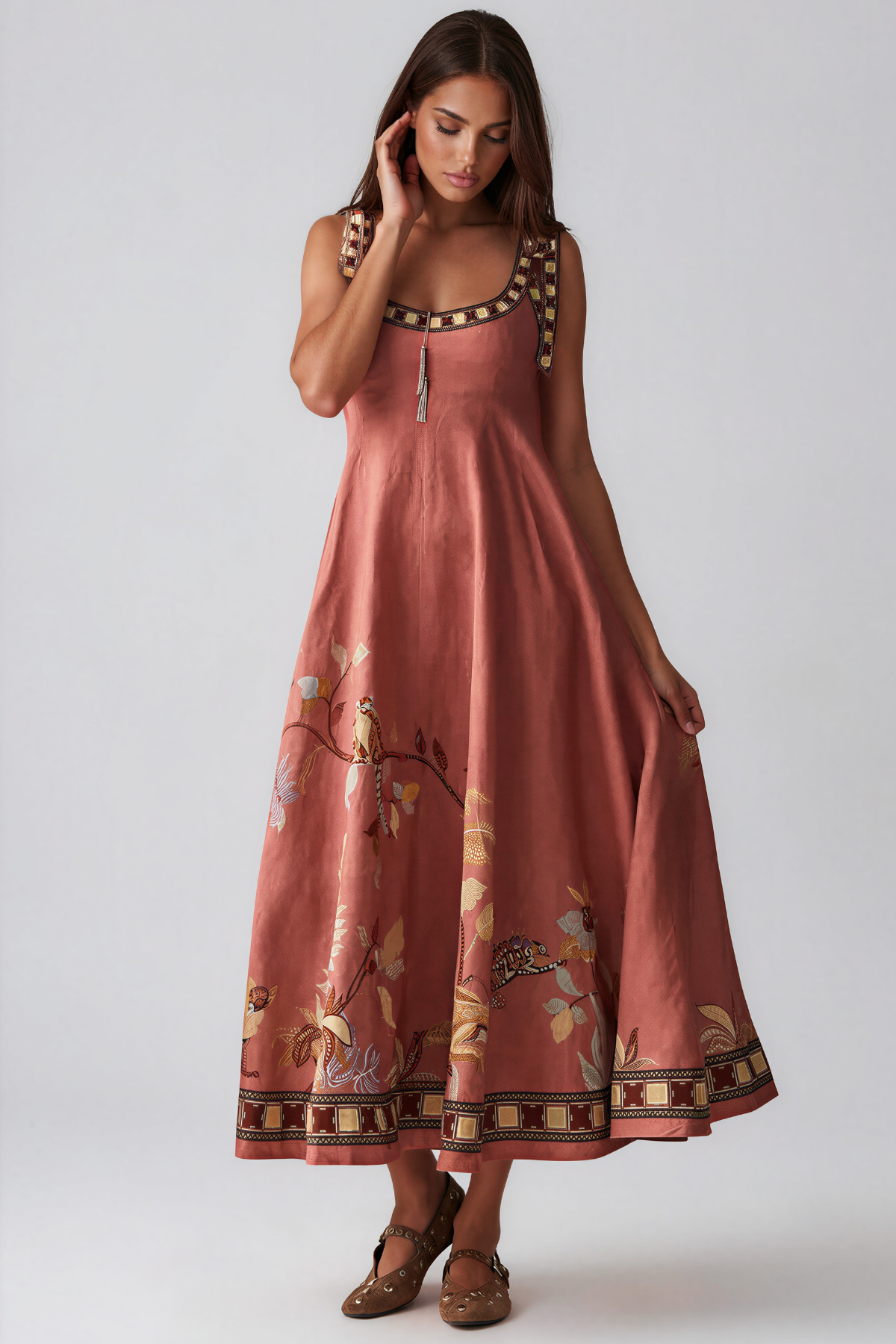 Jaya Tie Up Print Midi Dress In Rust