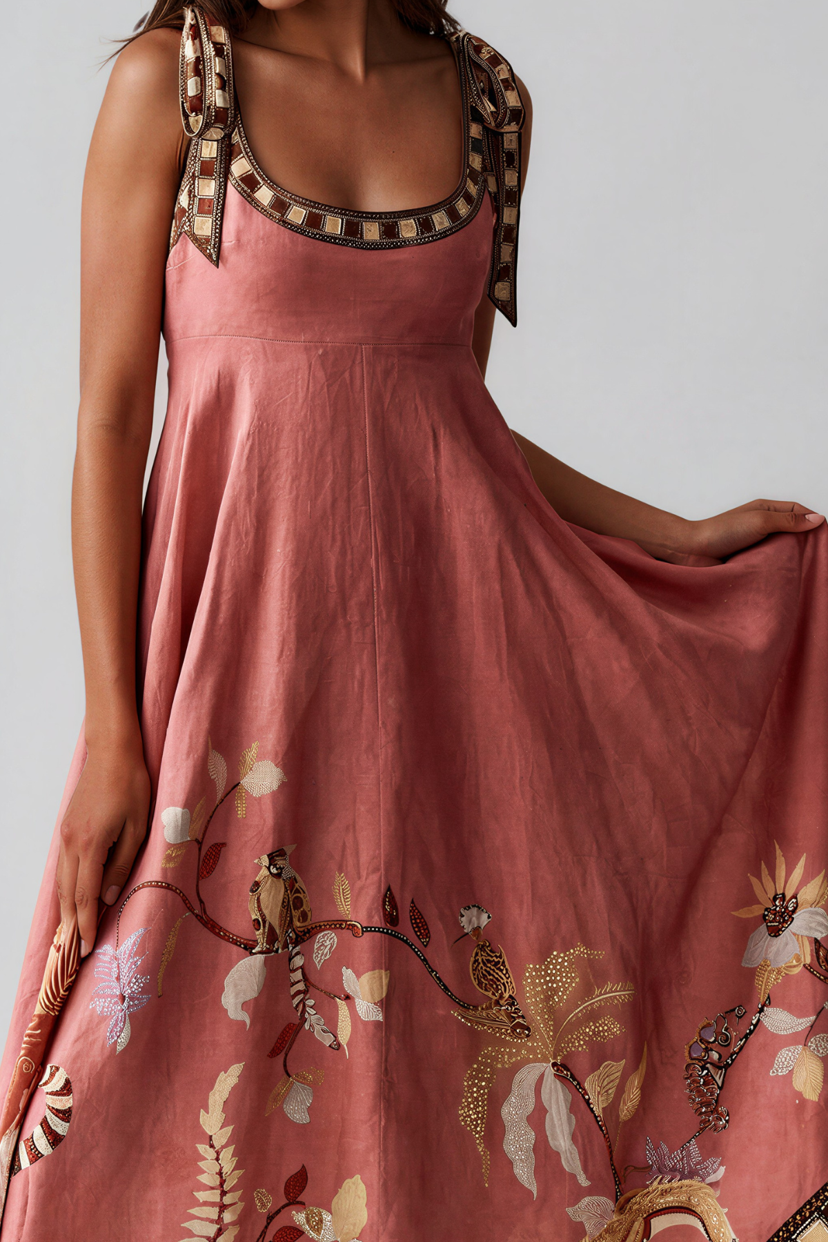 Jaya Tie Up Print Midi Dress In Rust