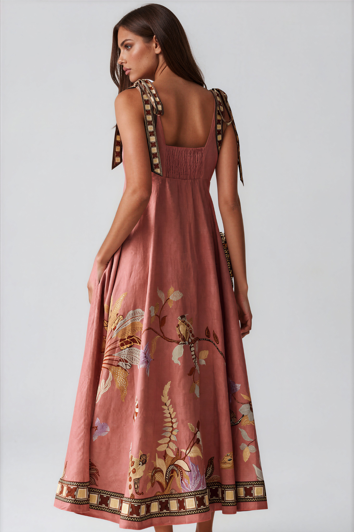 Jaya Tie Up Print Midi Dress In Rust