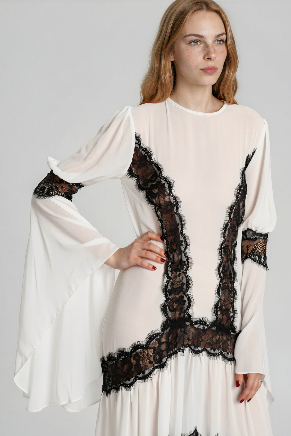 Jelka Bell Sleeve Lace Ruch Maxi Dress