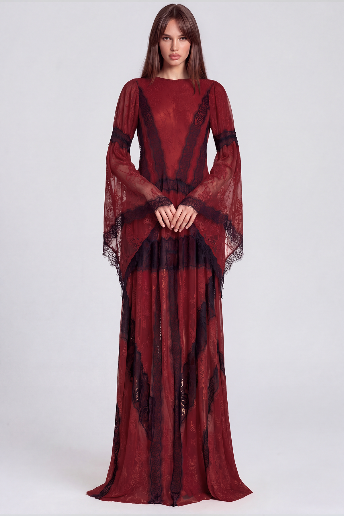 Jelka Round Neck Lace Maxi Dress In Burgundy