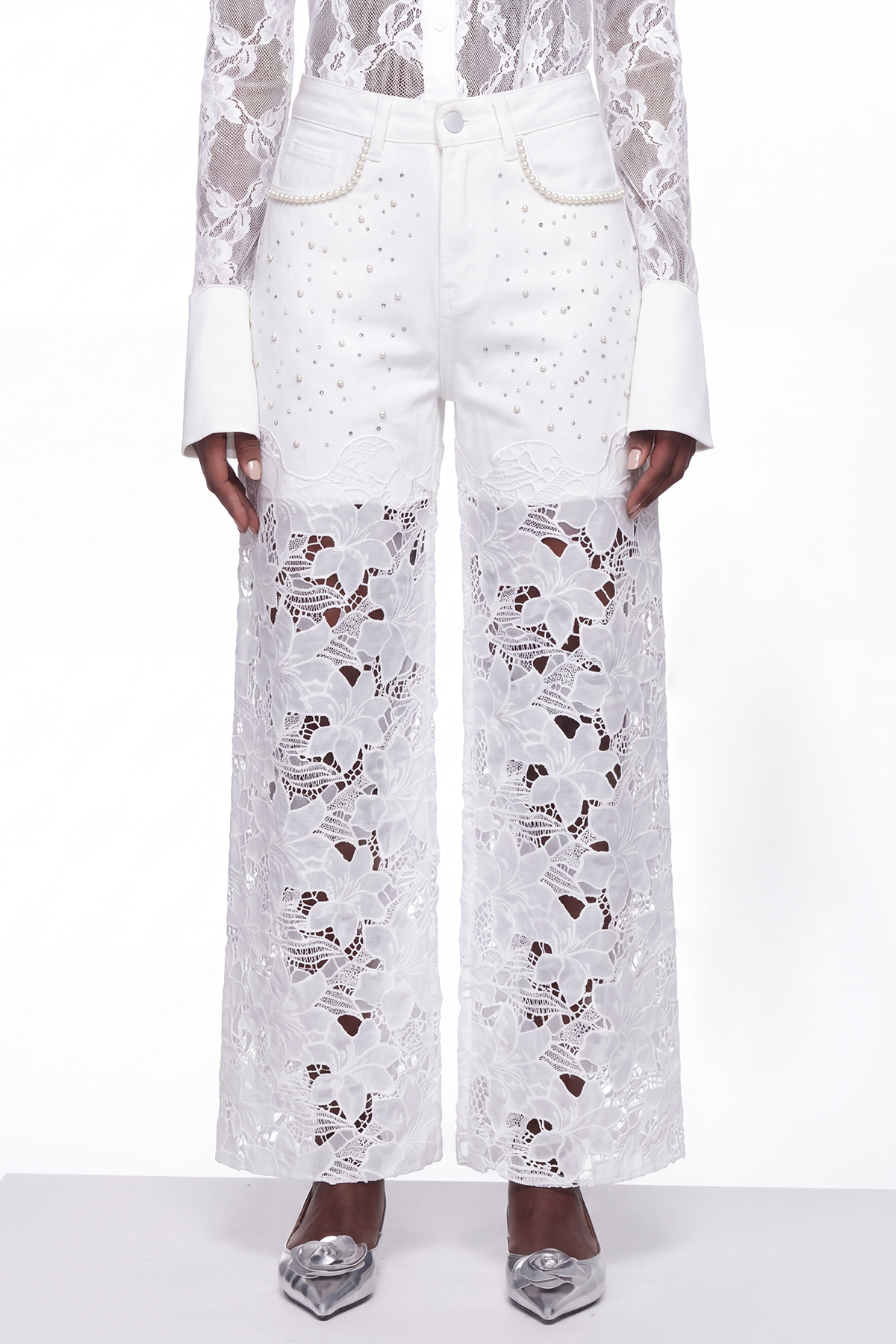 Judith Pearl Floral Cutout Jeans In White